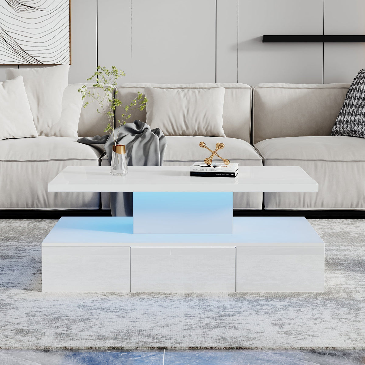 Coffee Table Two-Tier LED Light Storage Drawer High-Gloss White