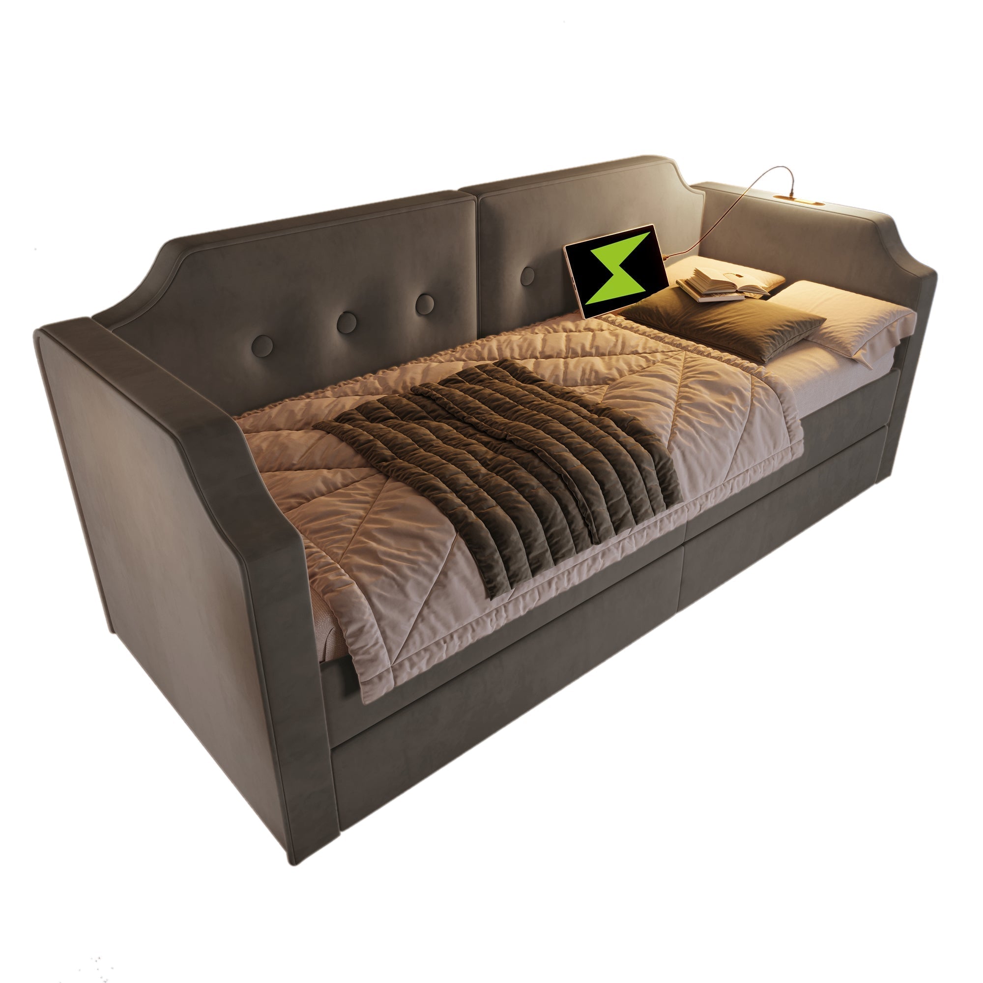Sofa Bed 90x200 cm, USB-C Reading Light, 2 Storage Drawers, Velvet Gray