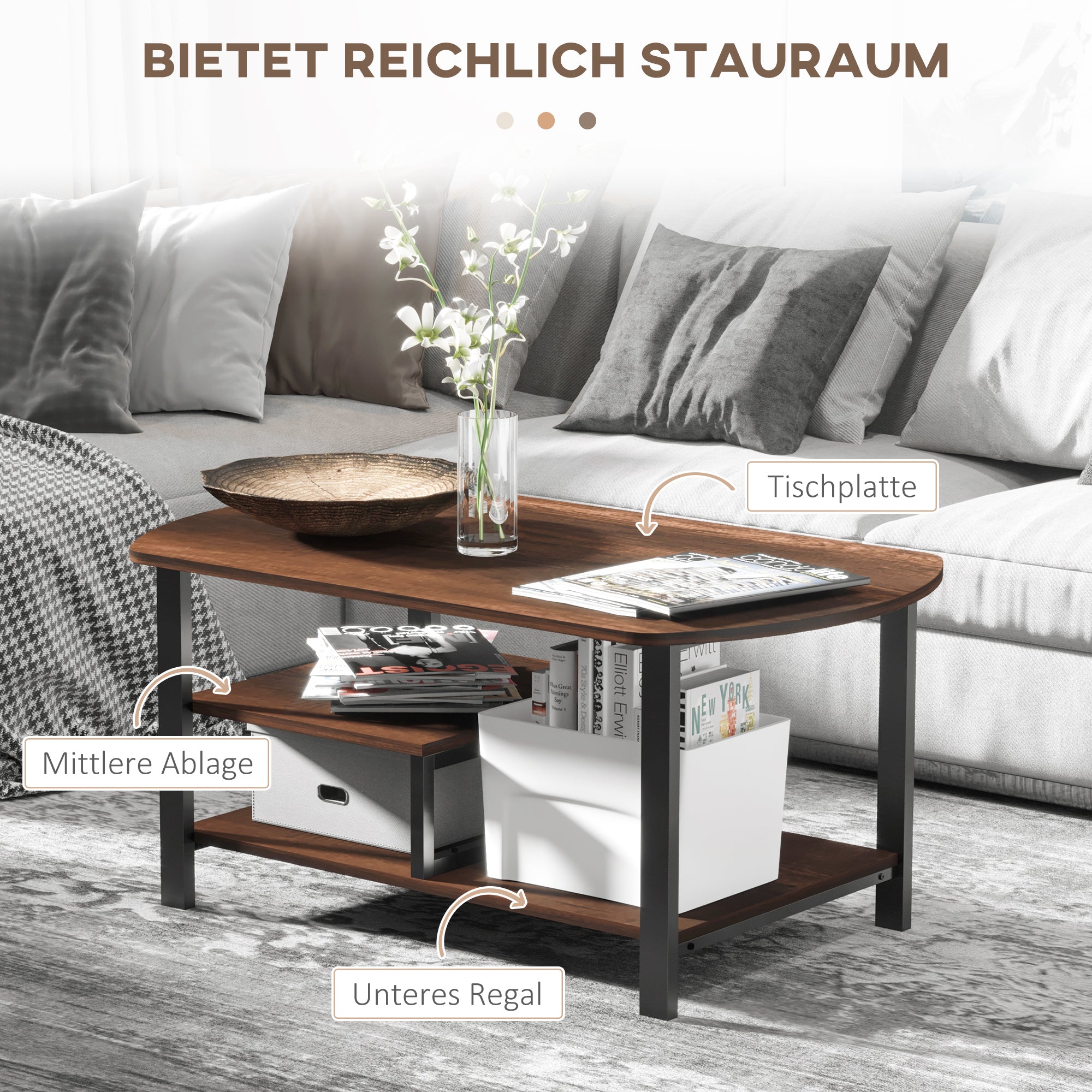 Coffee Table with Storage Surfaces, 100x60x46cm, Chipboard and Steel Brown