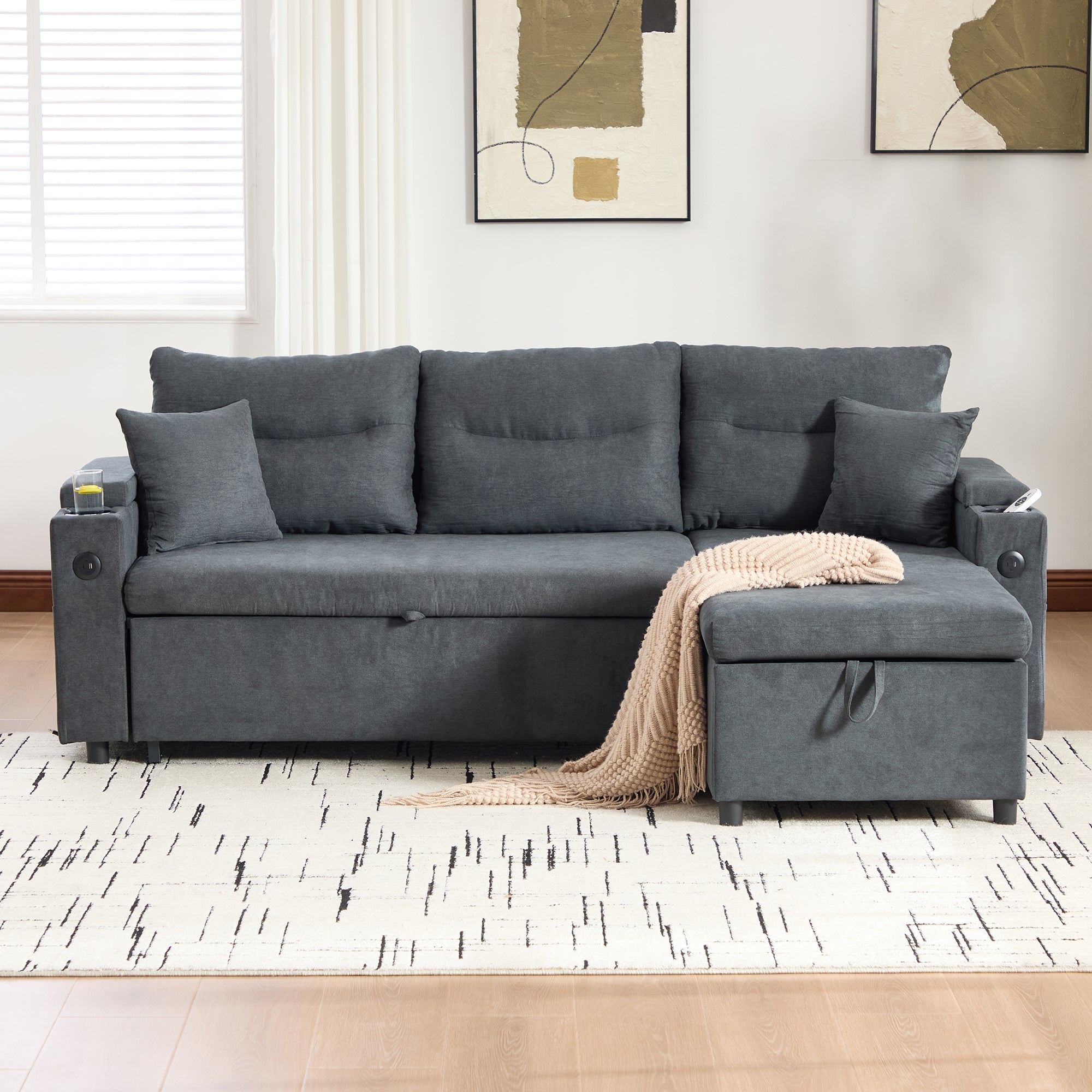3-Seater Sofa Bed with Storage, Cup Holders and USB-C, Linen Fabric