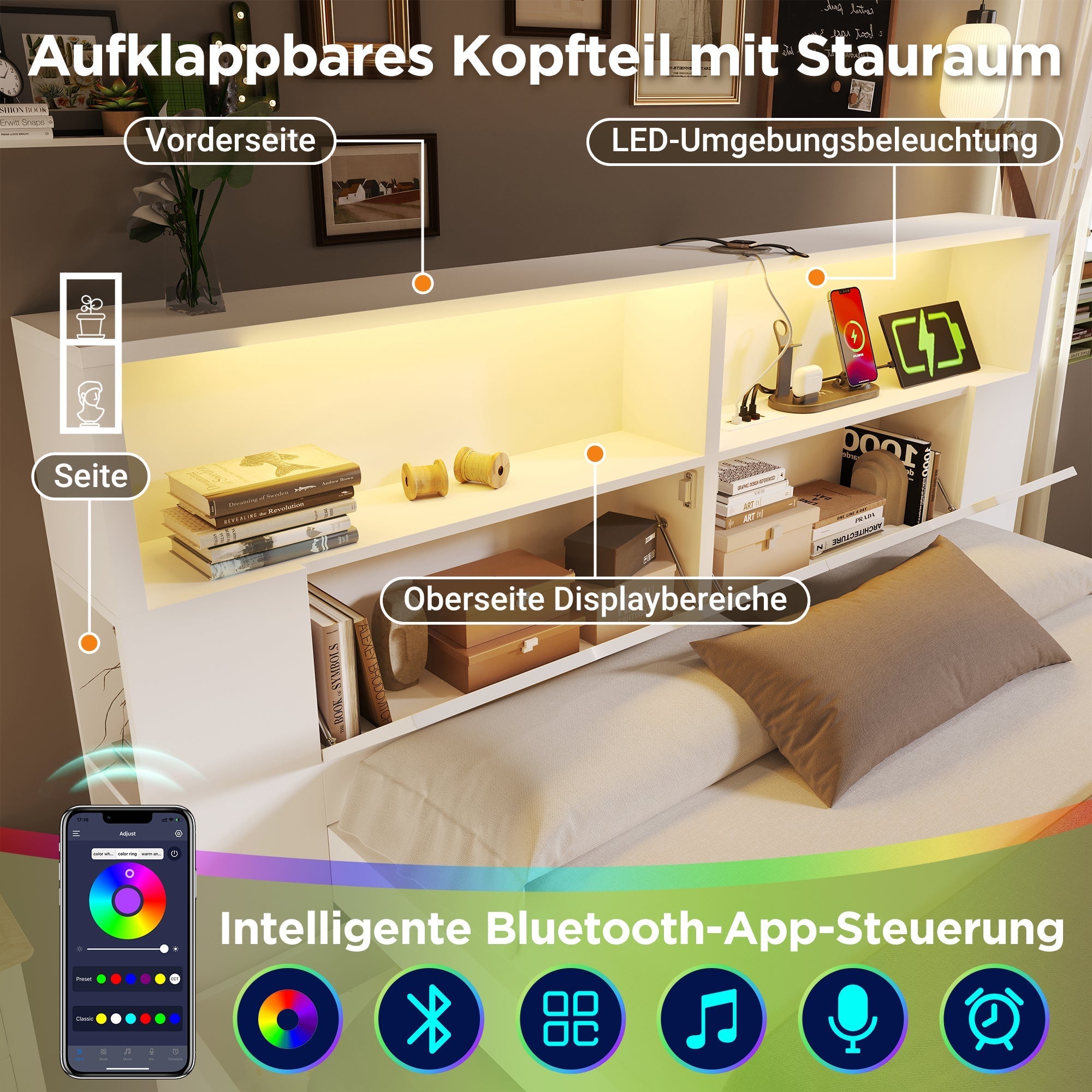 Wooden Double Bed 140x200cm Storage Drawers LED Lights USB White