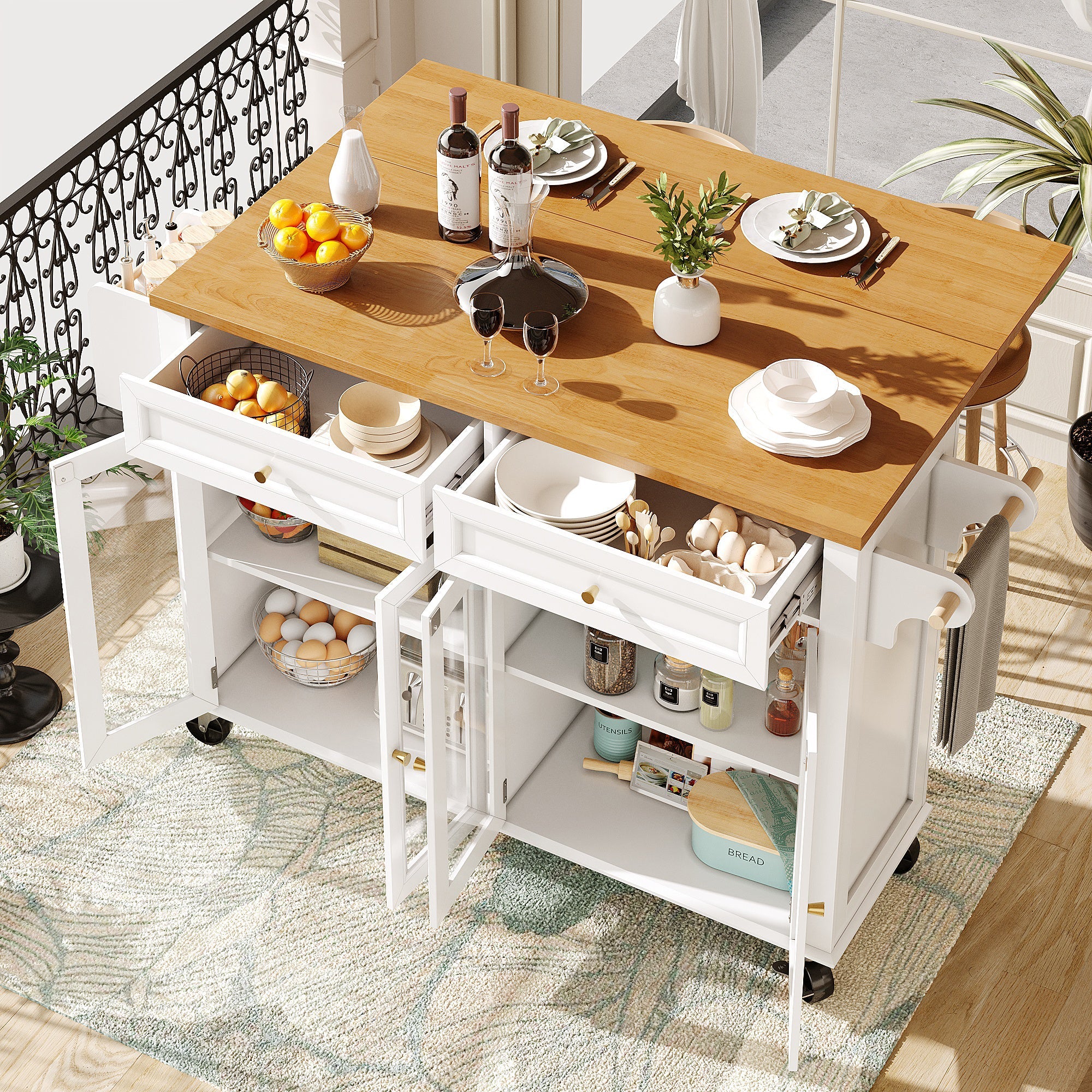 Kitchen Island Multifunctional with Wheels Glass Doors, White