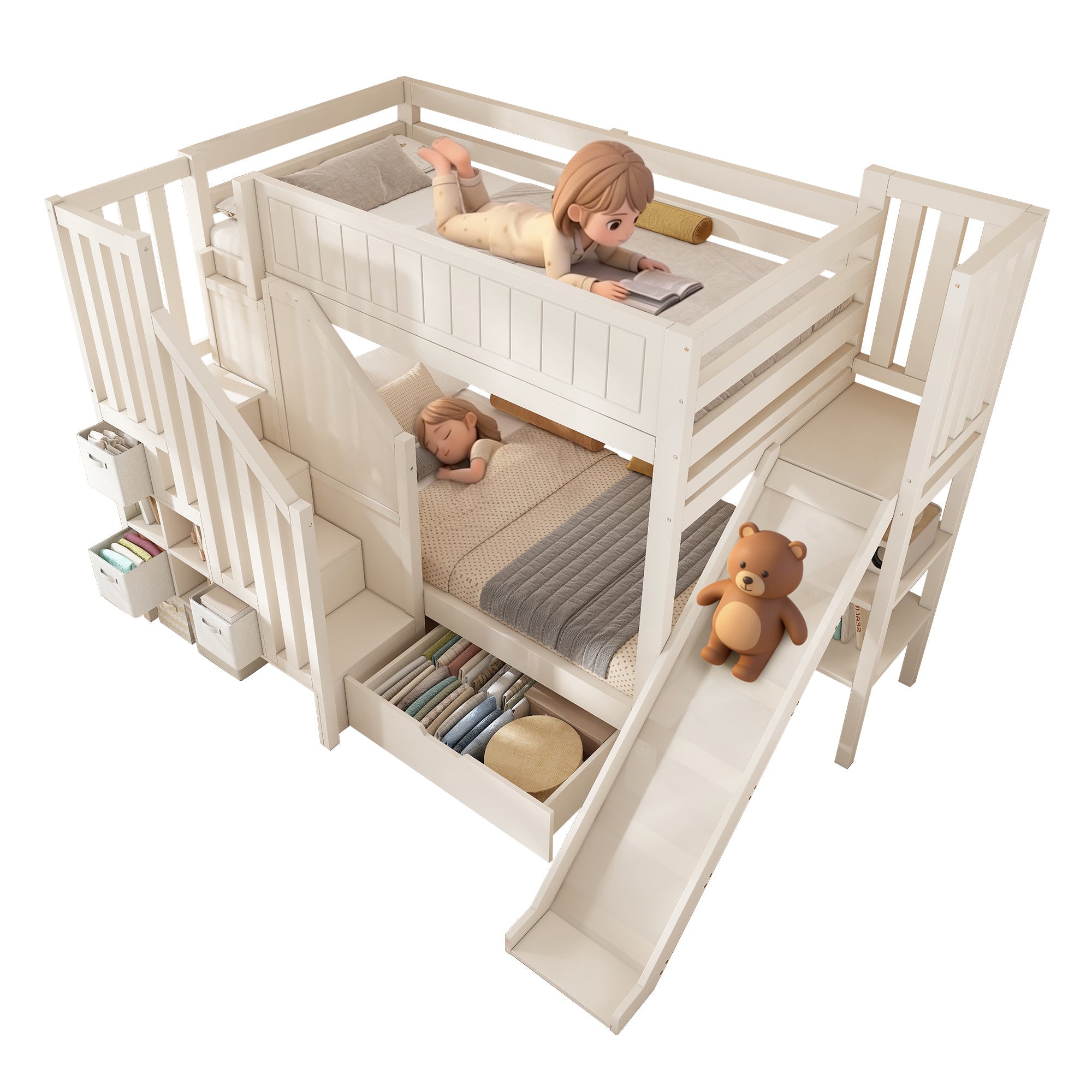 Children's Bunk Bed with Slide, Ladder Wardrobe, Drawers and Shelf, 90 — free download