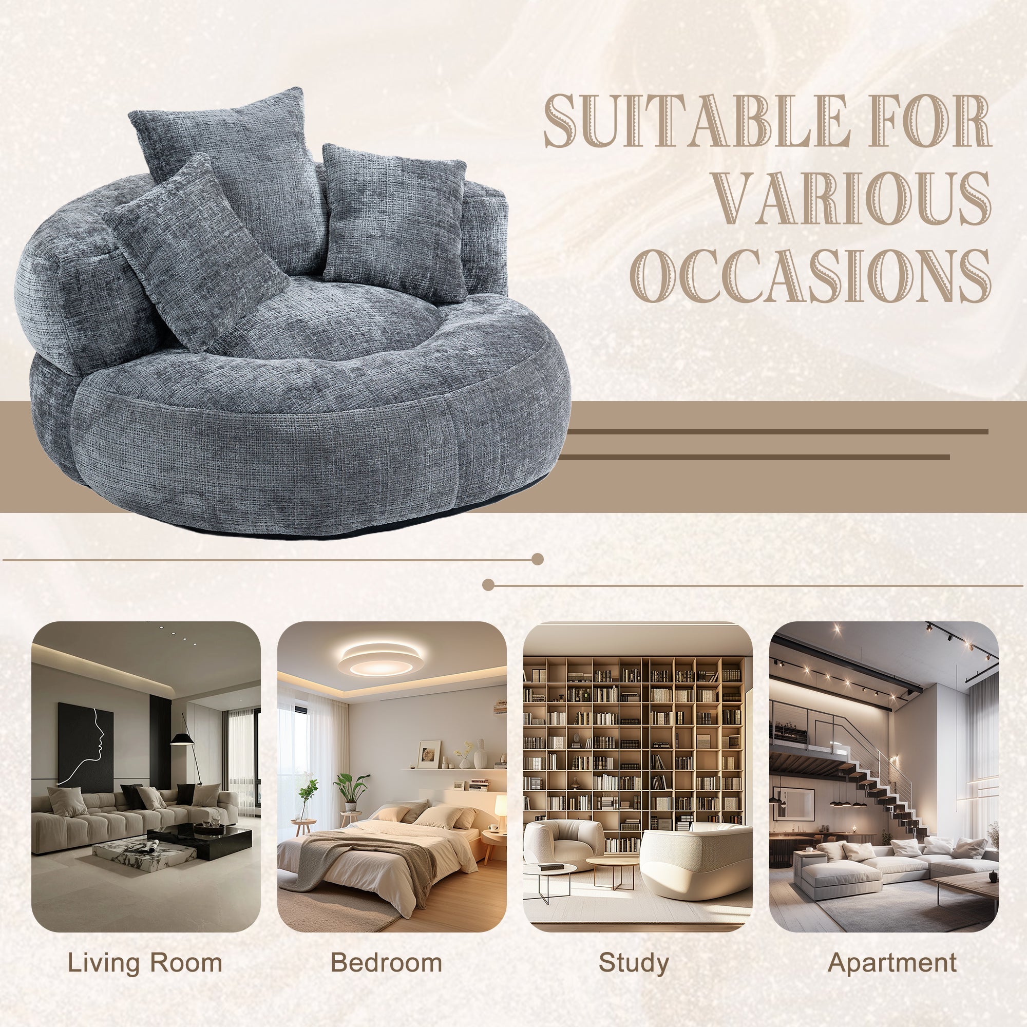 COOLMORE Lazy Sofa Durable Comfort Lounger High Back Bean Bag Chair Couch with Three Pillows, Gray Chenille