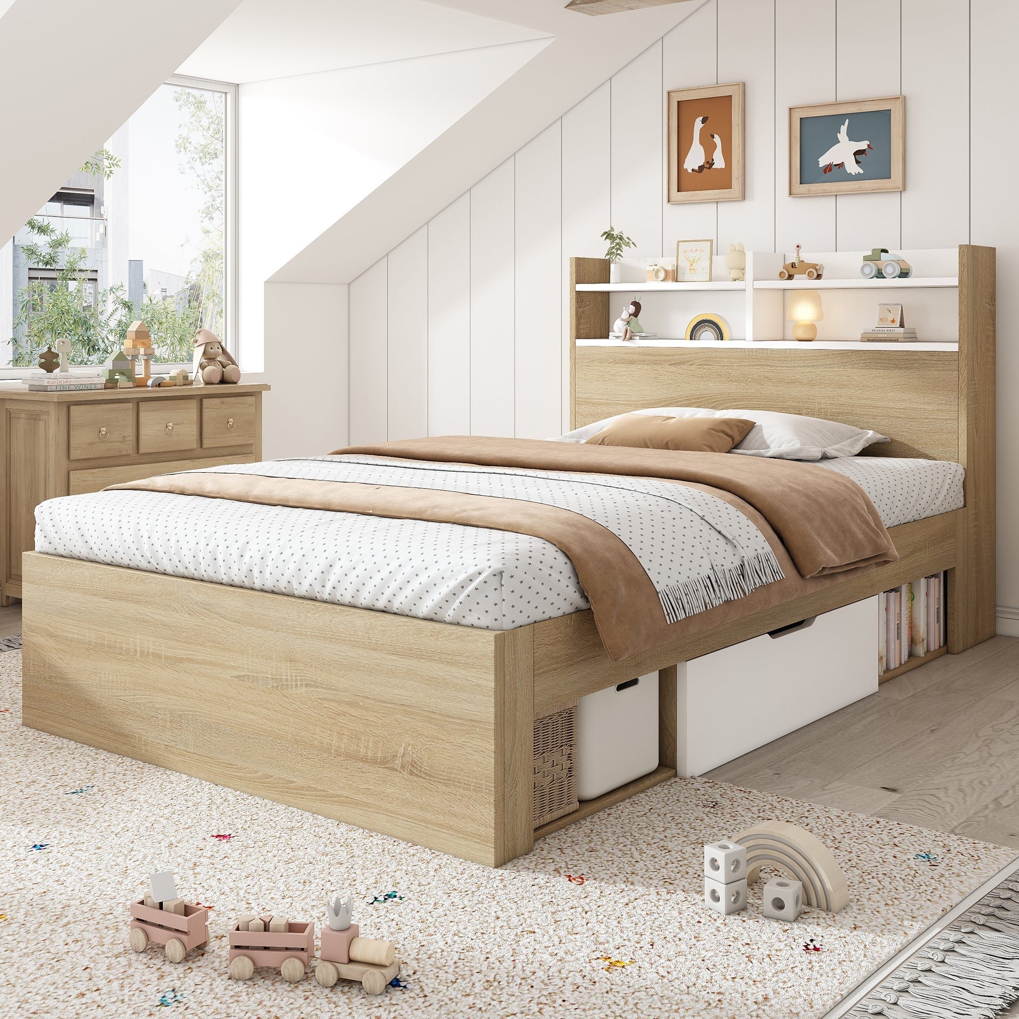 Wooden Single Bed with Headboard Shelf, 2 Drawers and Mattress, 90x200cm, White and Oak Solid Wood