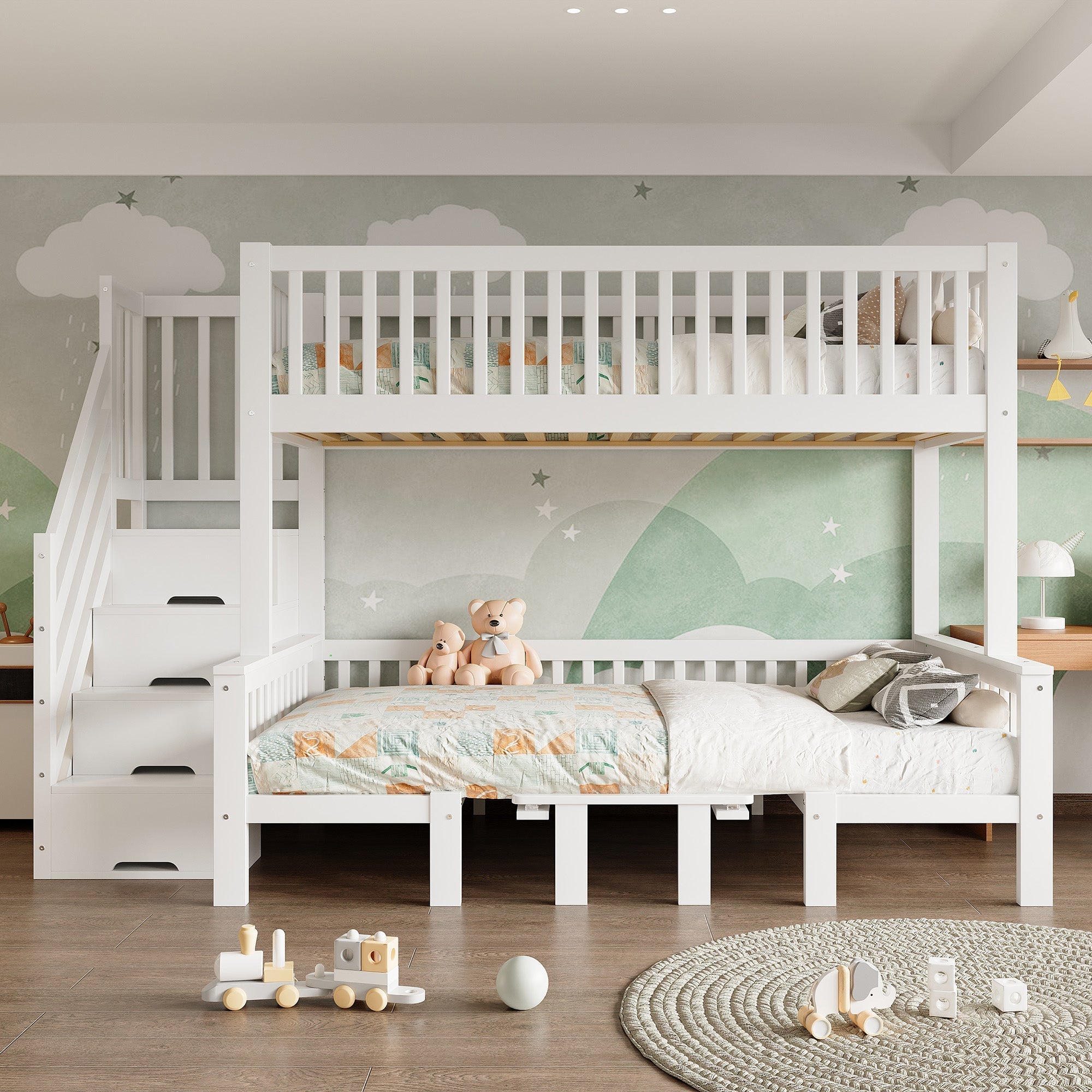 Bunk Bed, Multifunctional Height-Adjustable Table, Storage Ladder & Safety Railing, Pine + MDF + Plywood, White