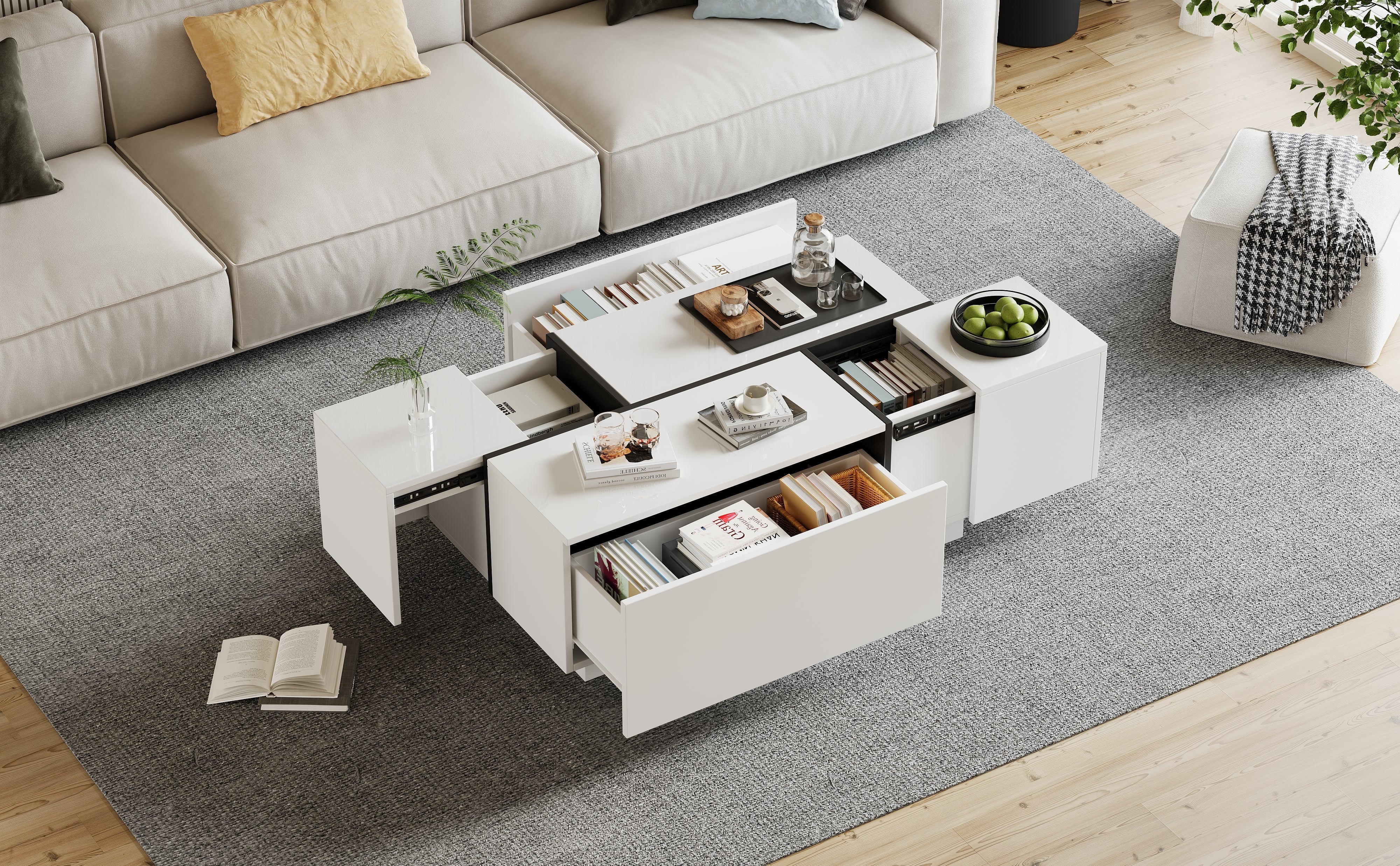 Coffee Table Square, 4 Drawers Sliding Top High-Gloss Finish, White