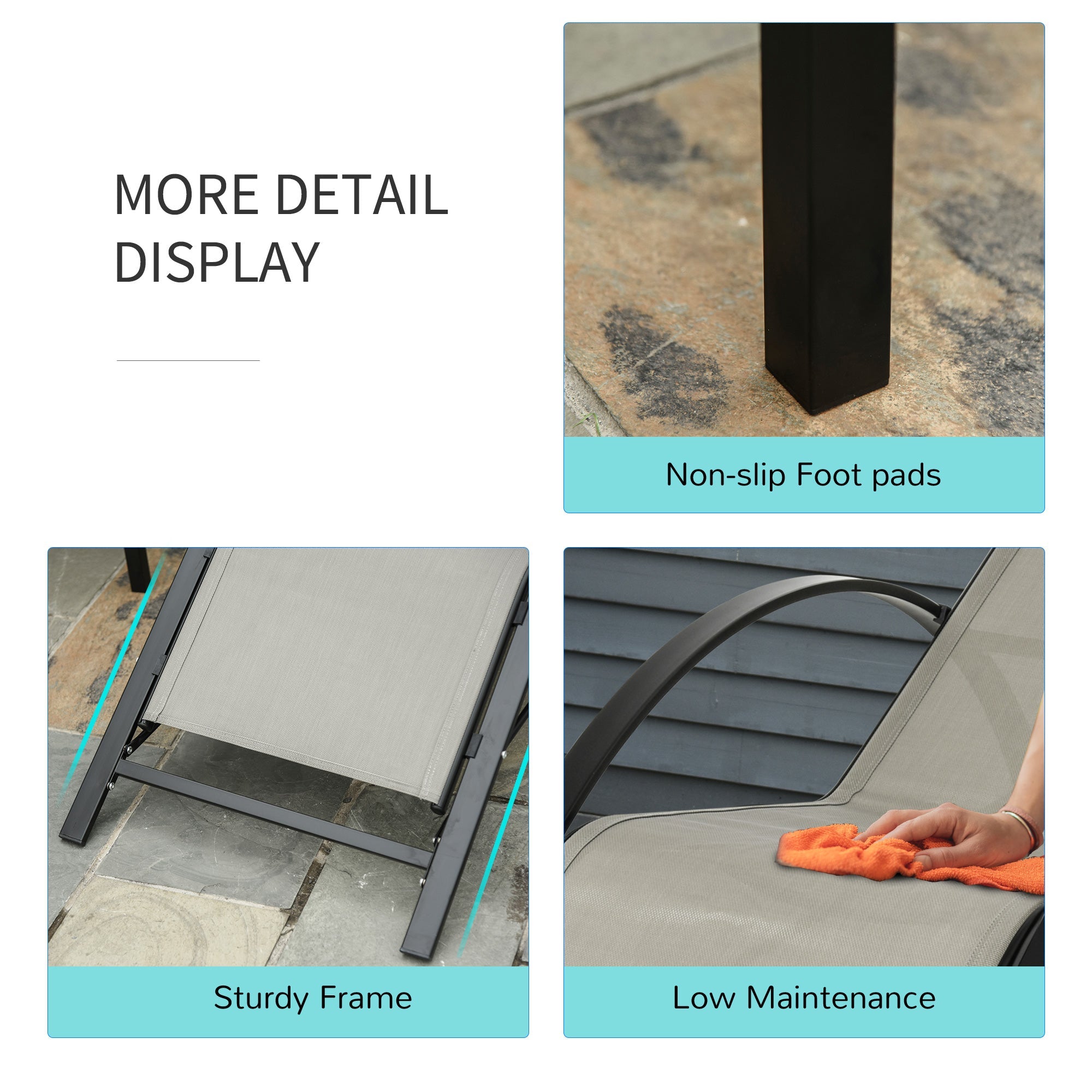 3 Pieces Sun Lounger Chair Set, Outdoor Recliner with Side Table and Armrest, Metal Frame, Grey