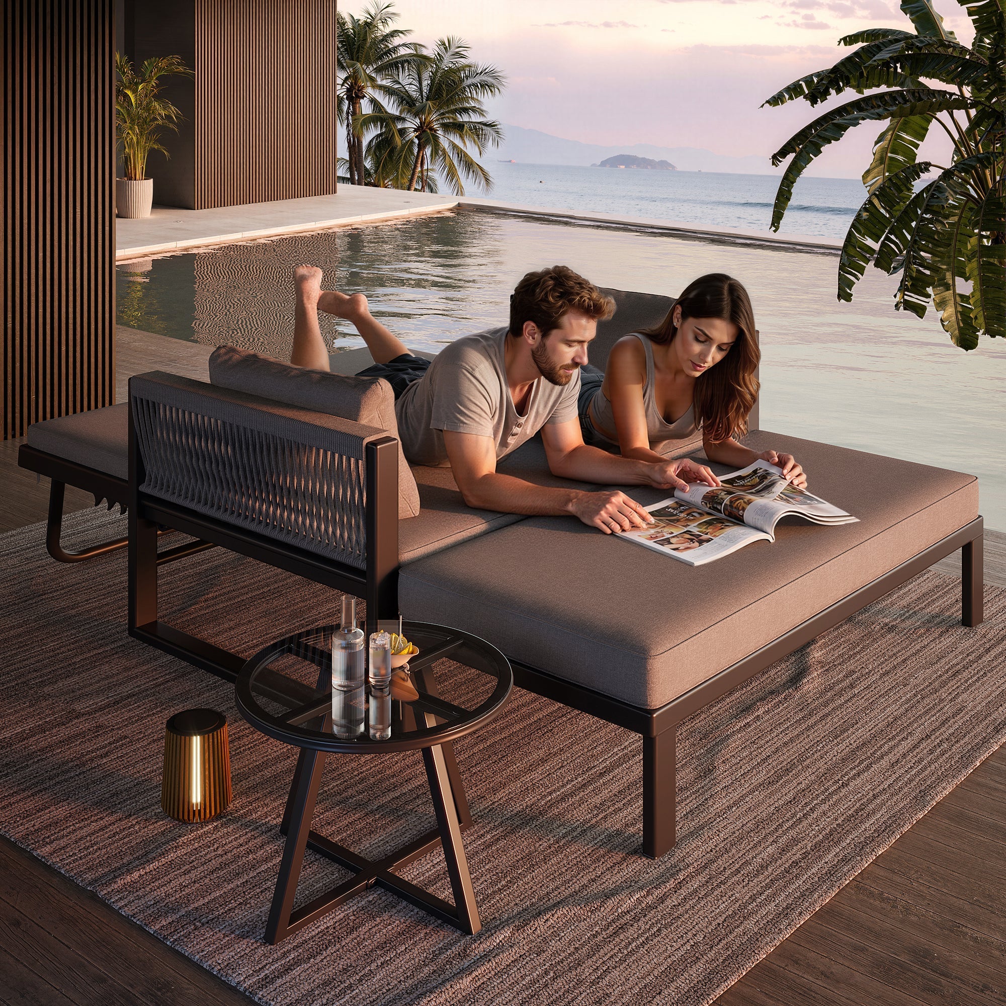 Garden Lounger with Woven Iron Armrests and Glass Coffee Table, Grey