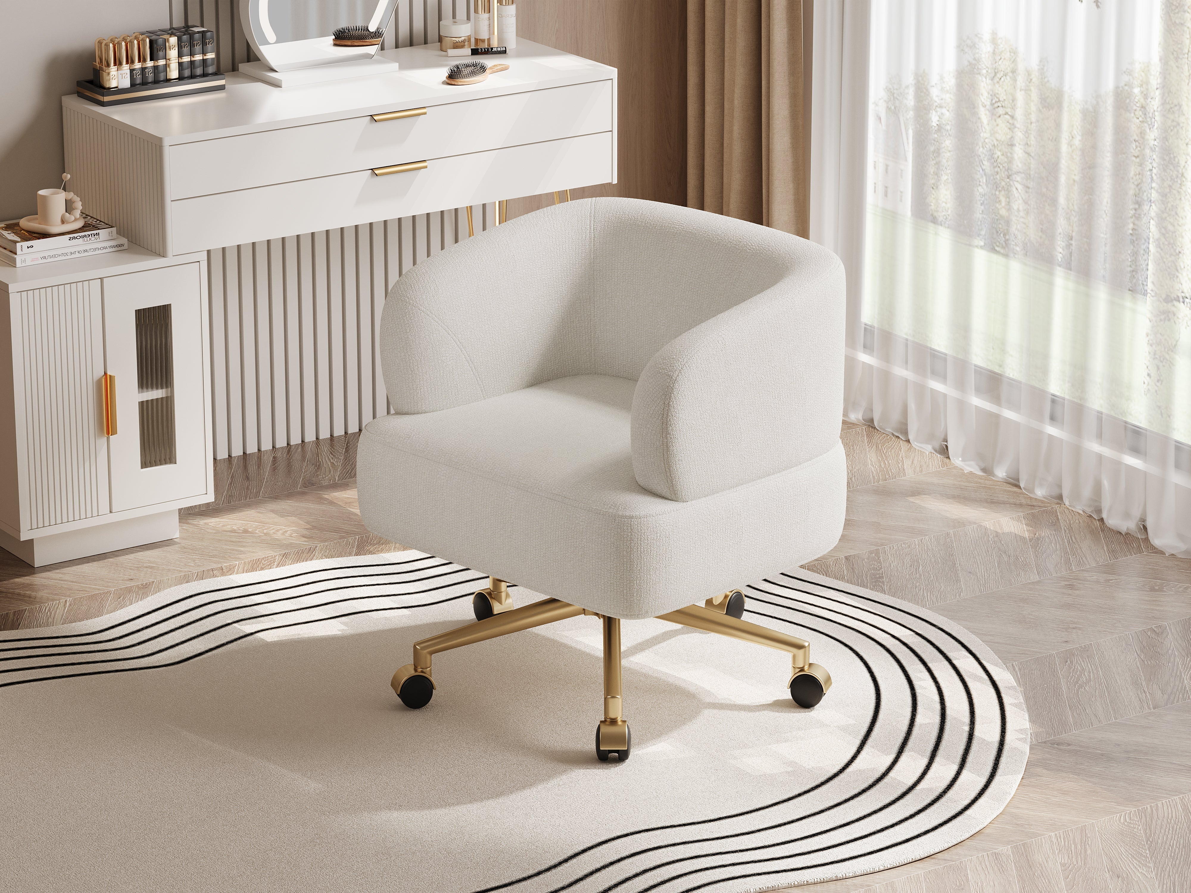 Swivel Chair Contemporary Design 5 Wheels 360° Rotation Chenille Beige