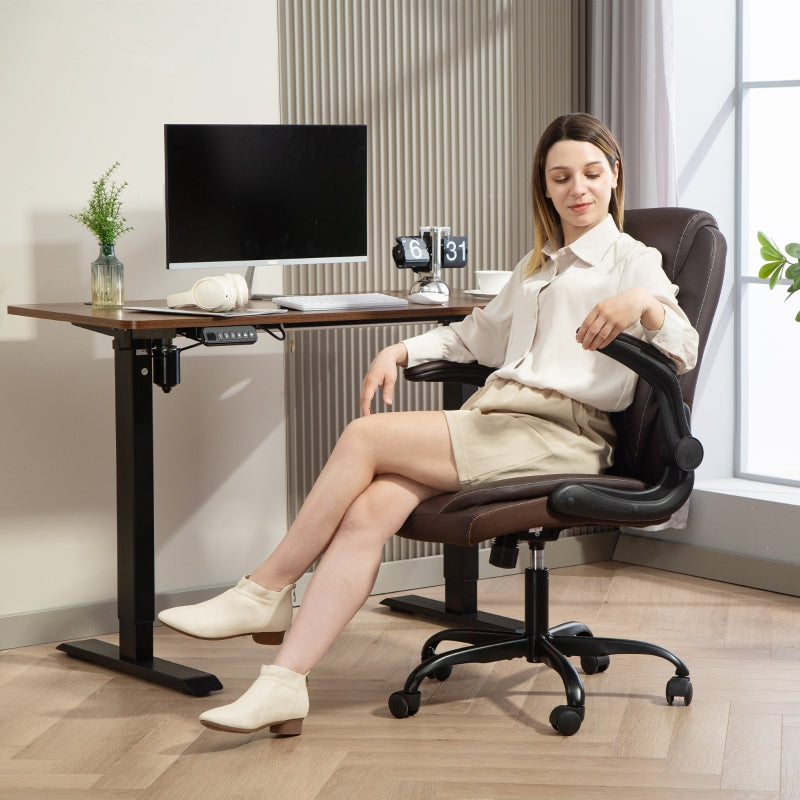 Faux Leather Office Chair with Flip-Up Armrests, Brown