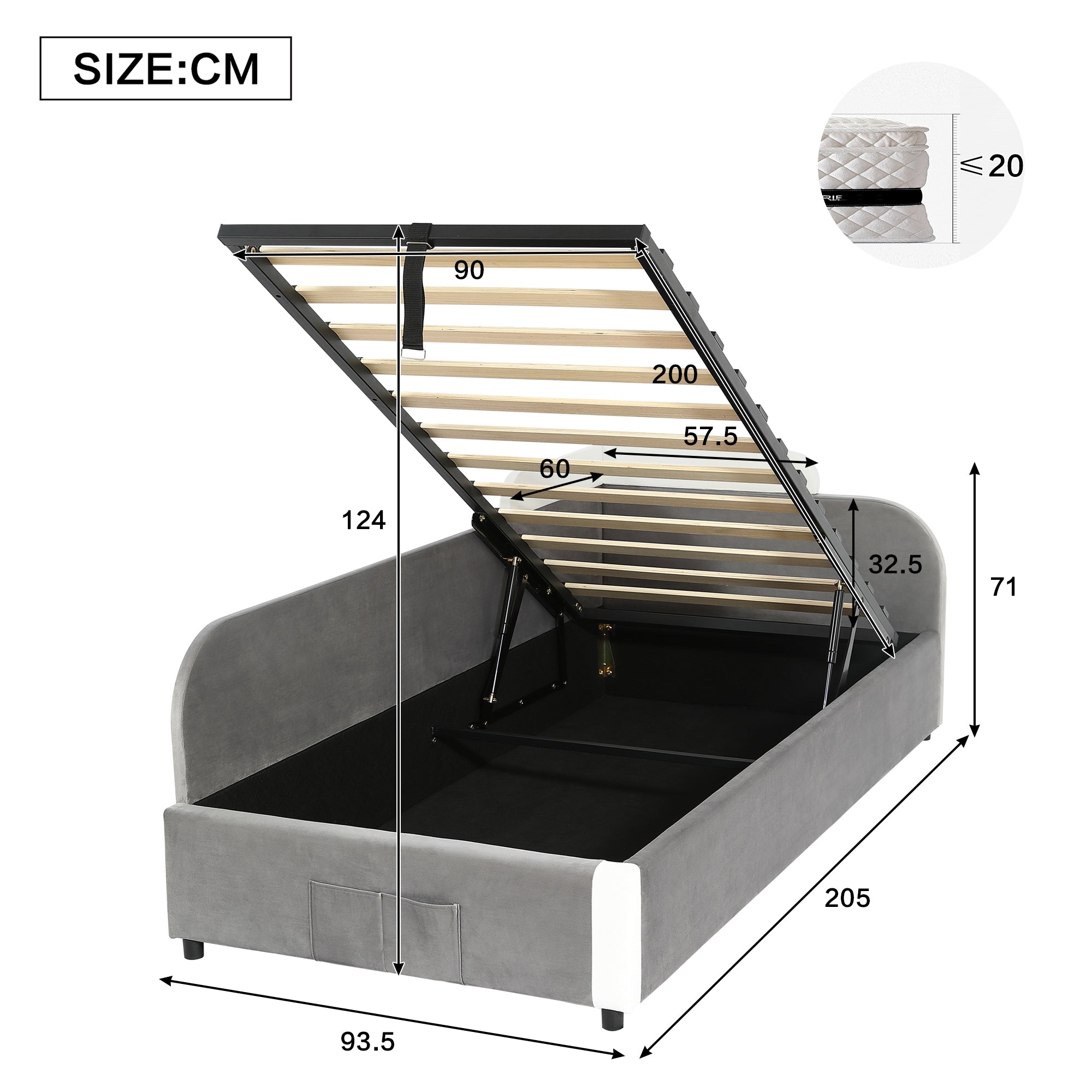 Upholstered Bed, Combined Children's Hydraulic with Storage, Grey Velvet & Plywood