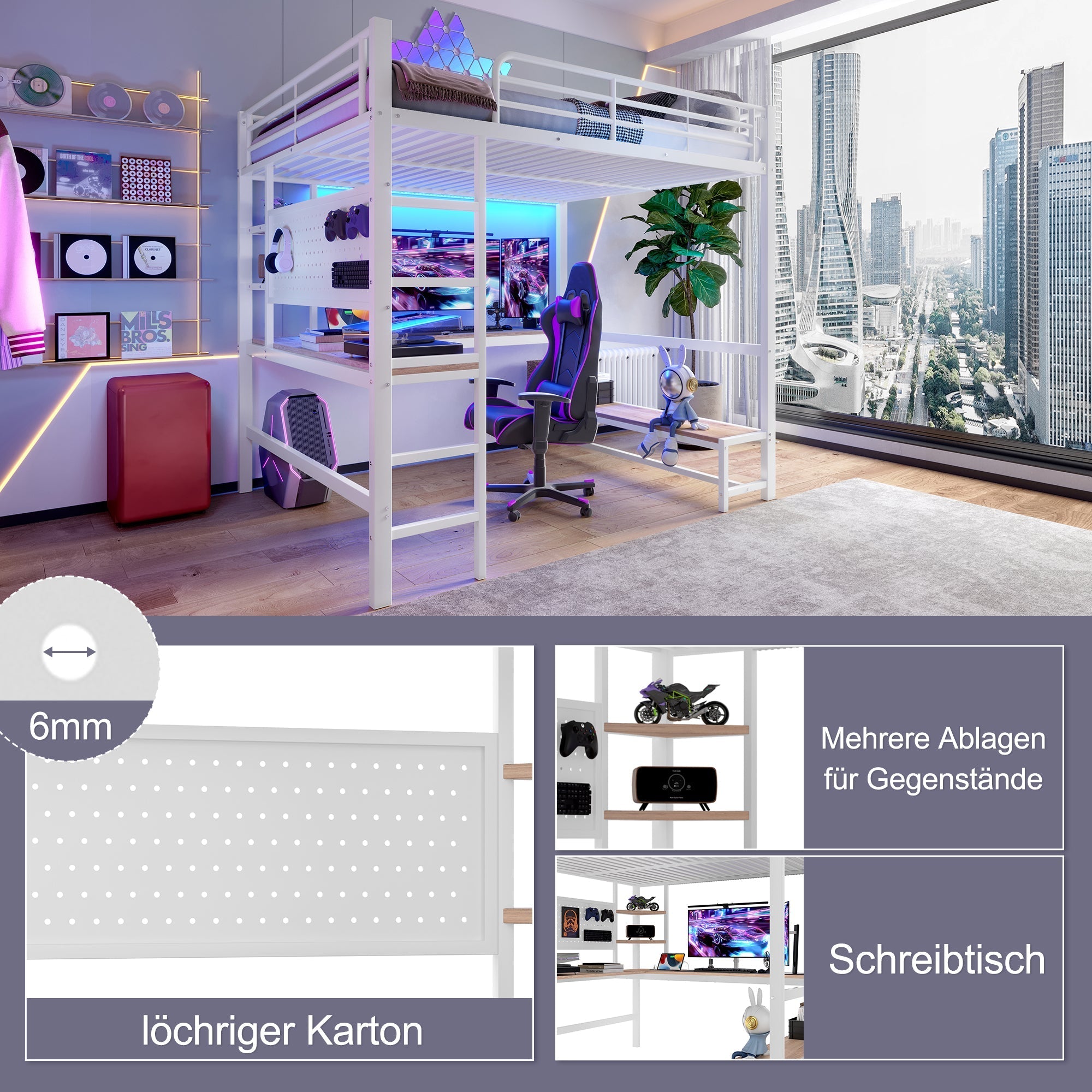 Loft Bed with Desk, Shelves, LED and USB Sockets, White Metal and MDF