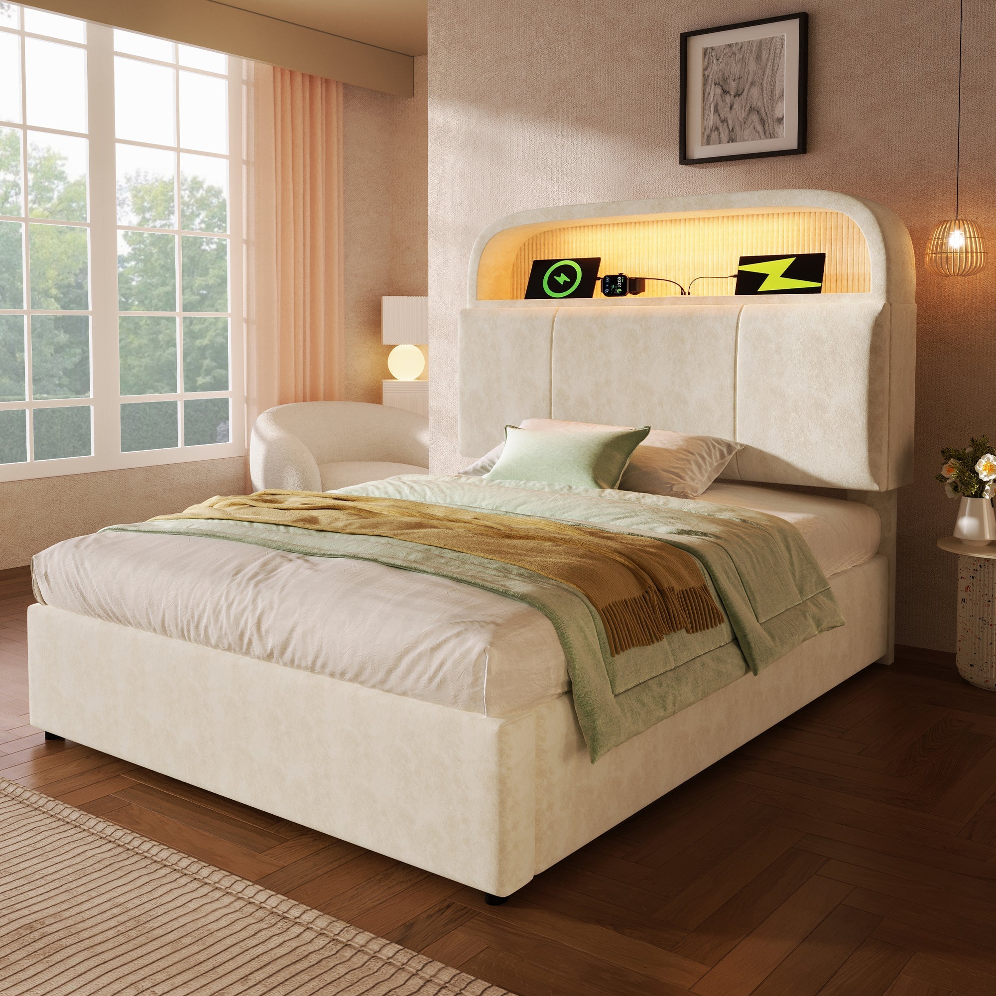 Upholstered Single Bed 90x200cm Adjustable Storage Headboard Hydraulic LED & USB/Type-C Charging Velvet Beige
