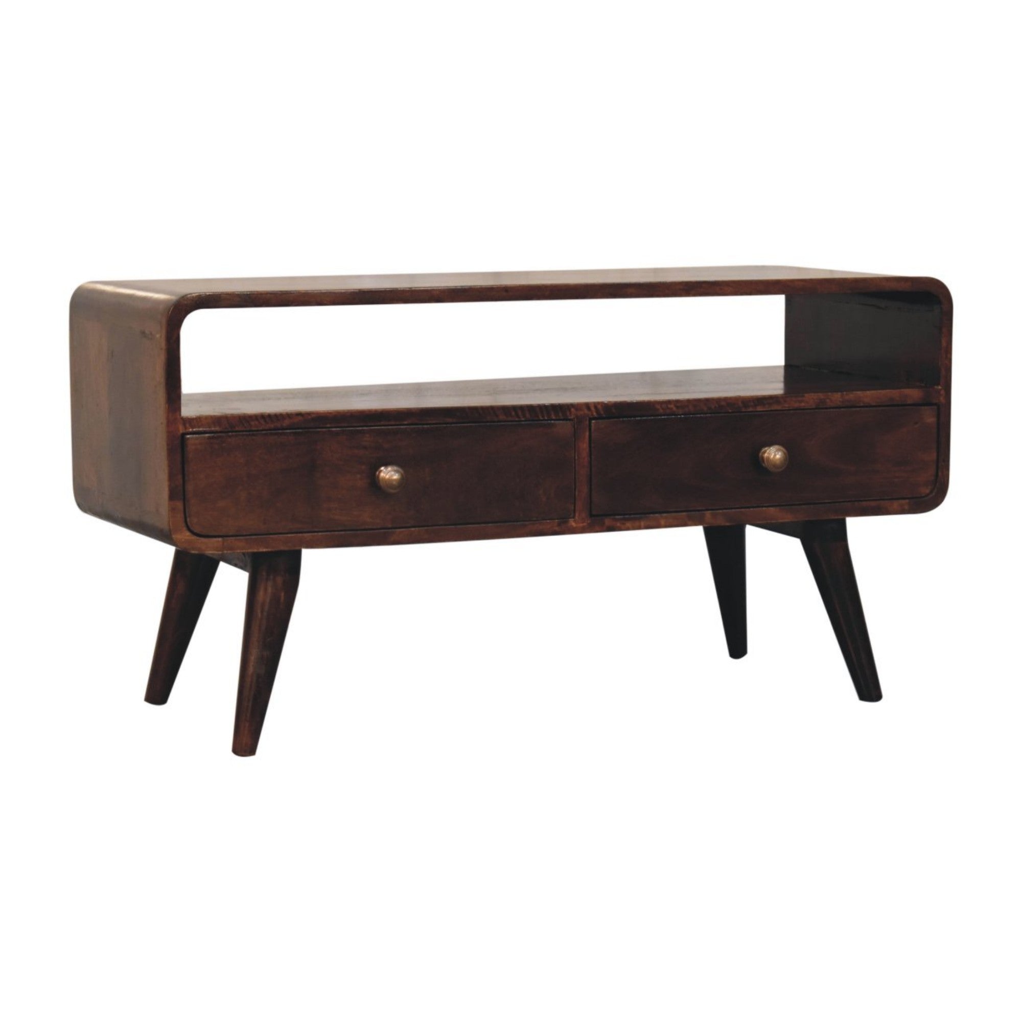 Solid Wood Curved Media Unit with 2 Drawers and 1 Open Slot, Dark Brown