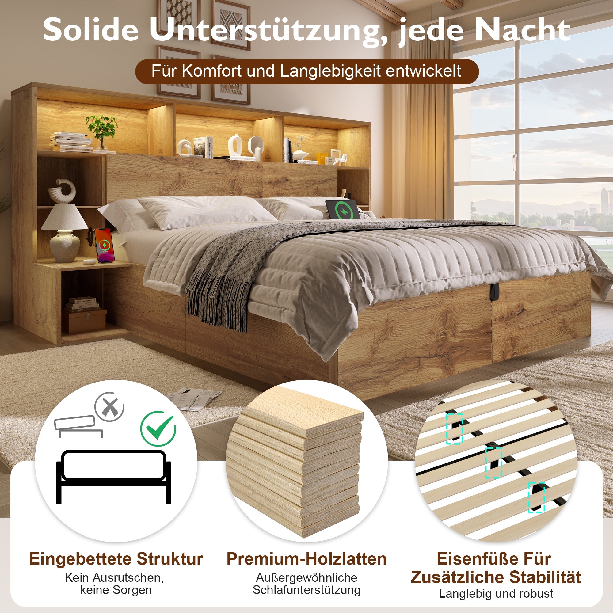 System Bed with Hydraulic Storage, Bedside Tables, LED & USB-C, 160x200cm, Oak Look Wood