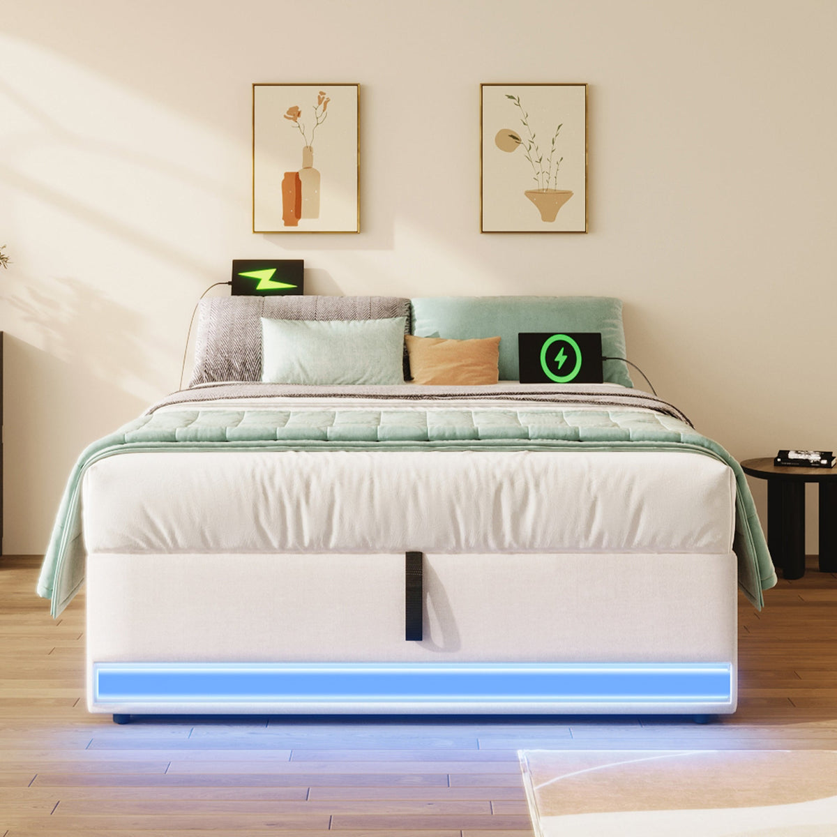 Upholstered Bed 90x200cm Hydraulic Storage LED USB/Type-C Pockets - Beige