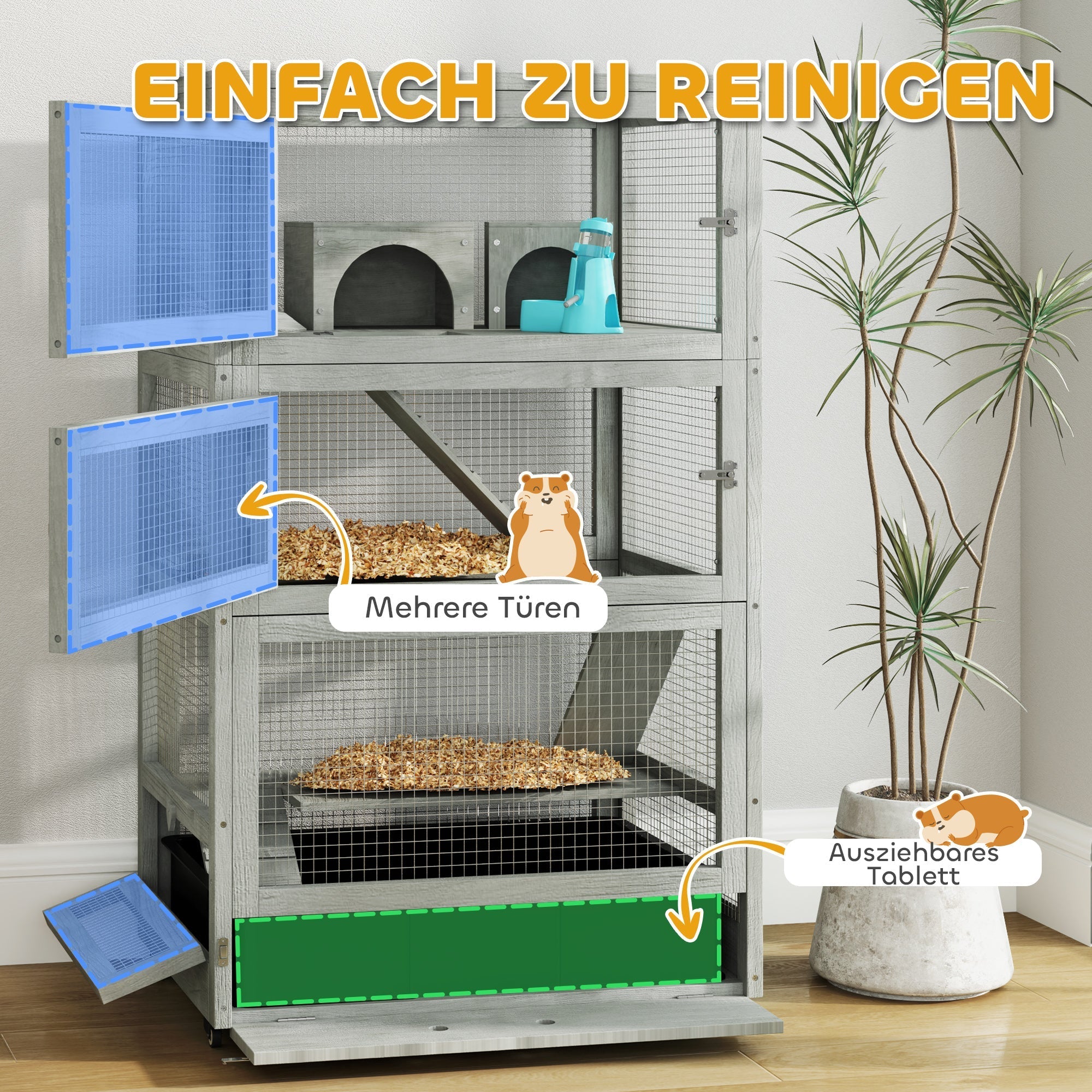 Wooden Dwarf Hamster Cage, 4-Tier with Huts, Food Bowls, Gray
