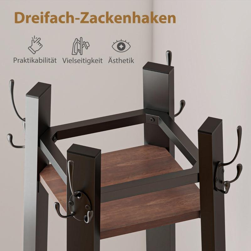 Garderobenständer, 4-stöckig freistehend mit 8 Haken und 4 Ablagen, Industriestil, Braun