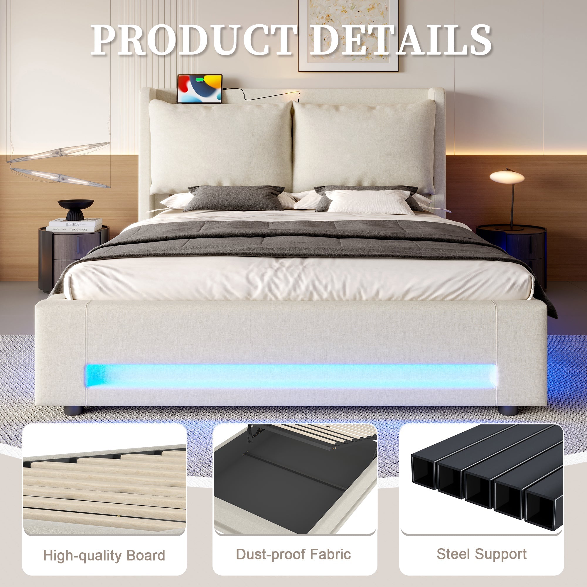 Modern Upholstered Bed with Storage, USB-C, LED Lights, 180x200 cm, Velvet