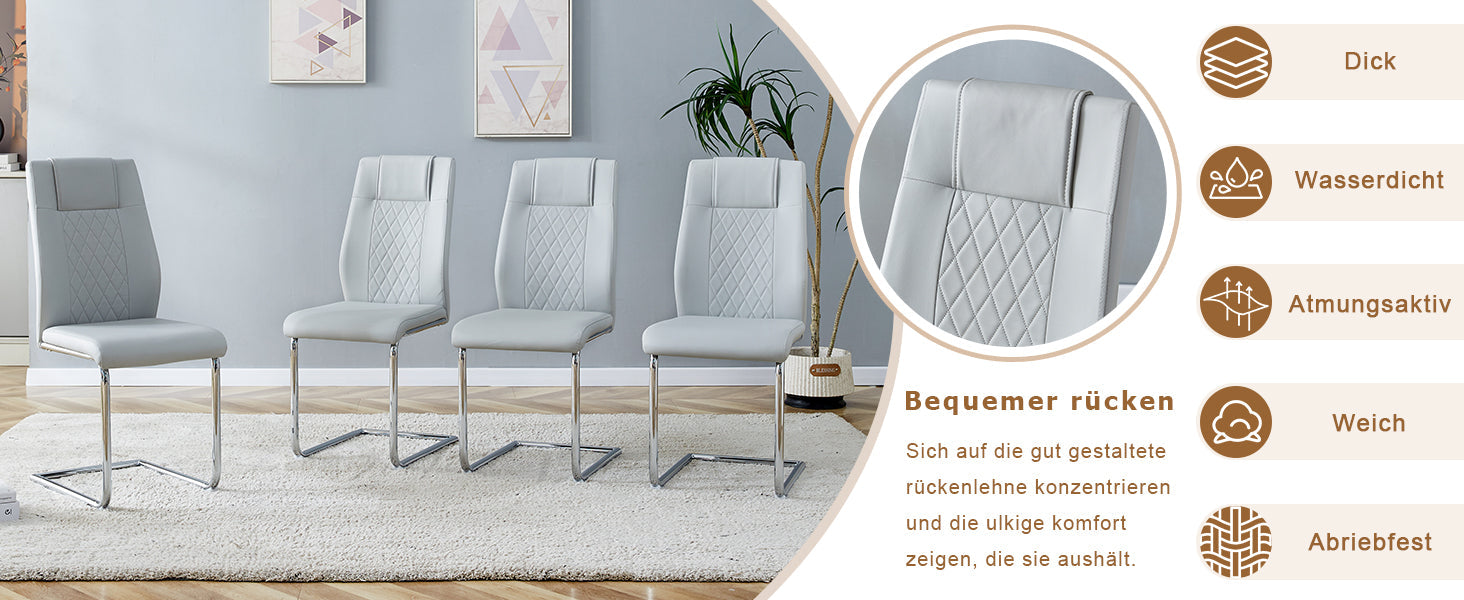 Scandinavian Dining Chairs Set of 4 Mesh Back Silver Metal Legs - Light Grey PU Leather