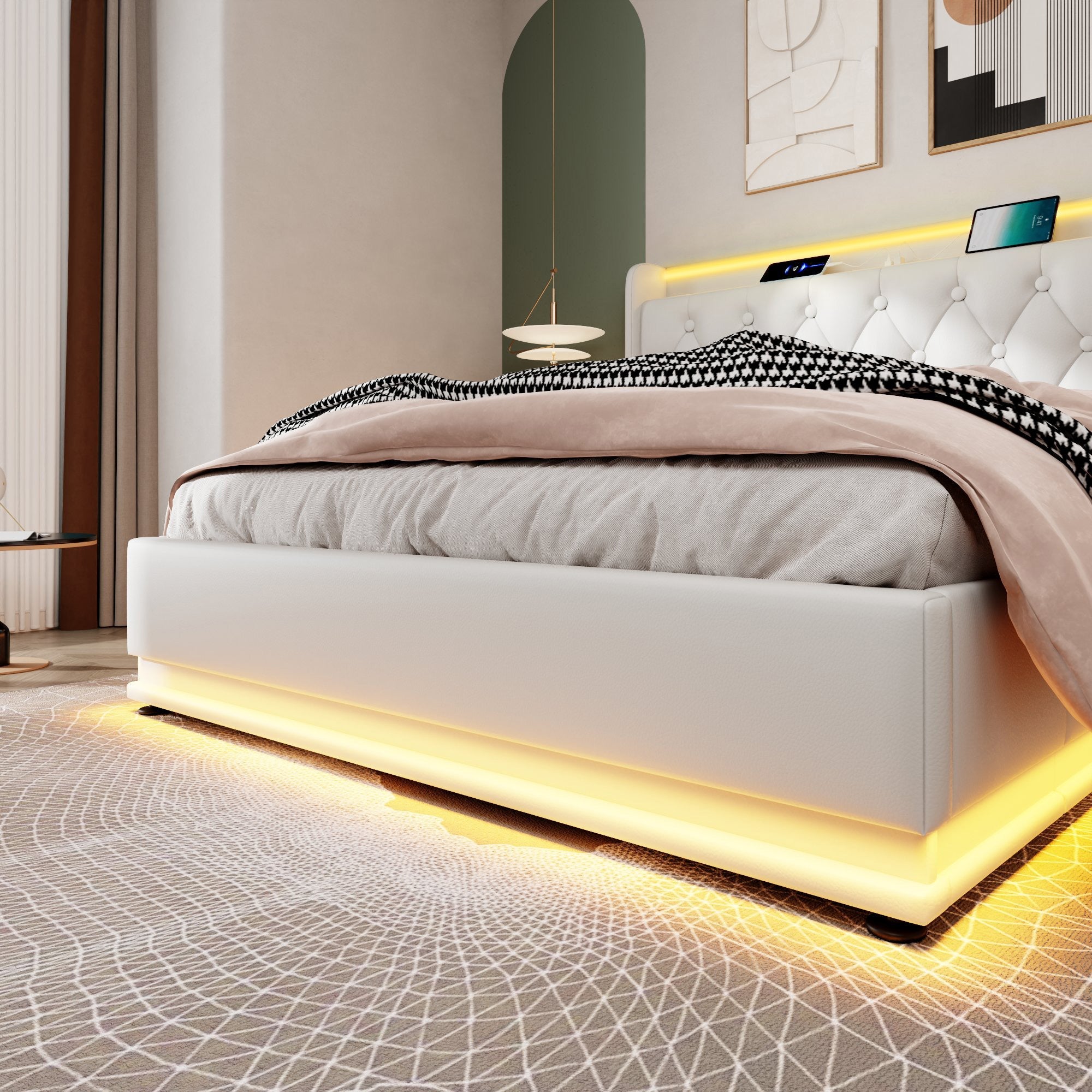 Upholstered Double Bed with Hydraulic Storage, 360° LED and USB Type-C, 140x190cm, White PU Leather