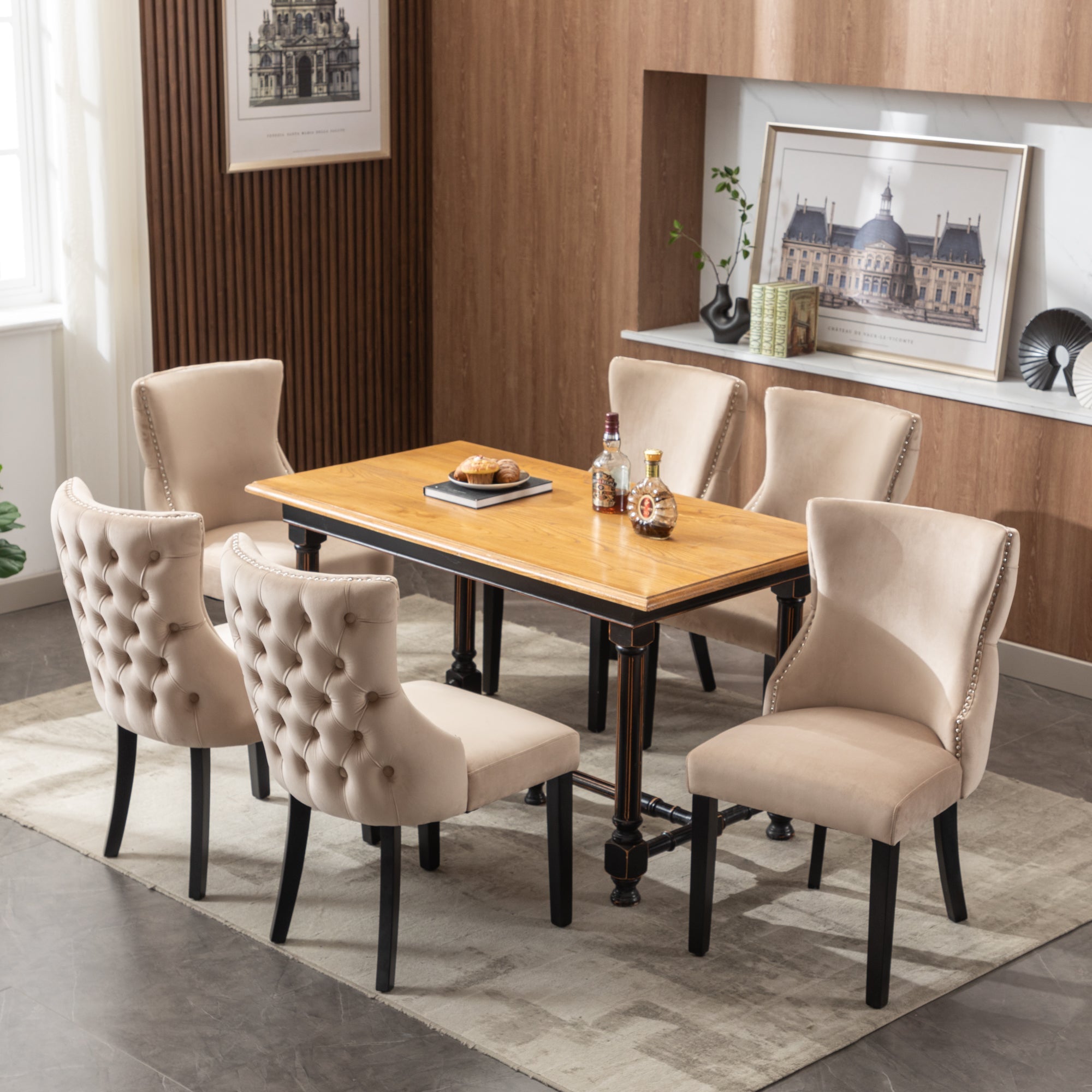 Dining Chair - Button Tufting, Solid Wood Frame - Beige Velvet (Set of 6)