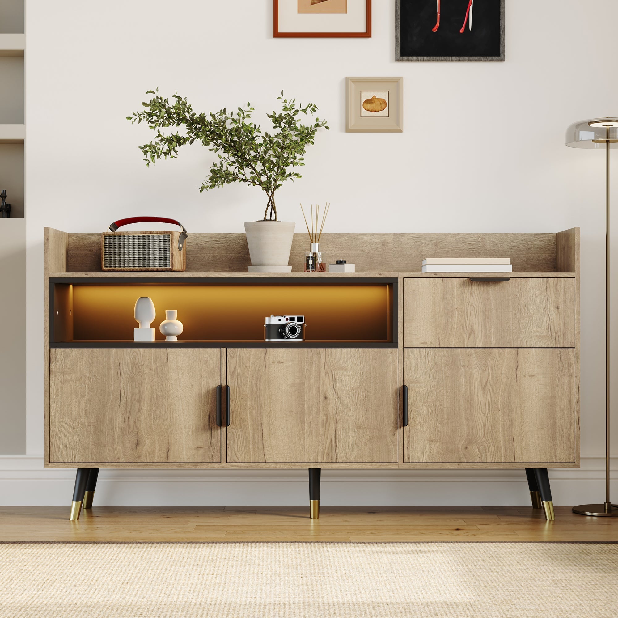 Modern Minimalist Sideboard with Open Shelves, Drawers and Swing Doors, Wood and Metal