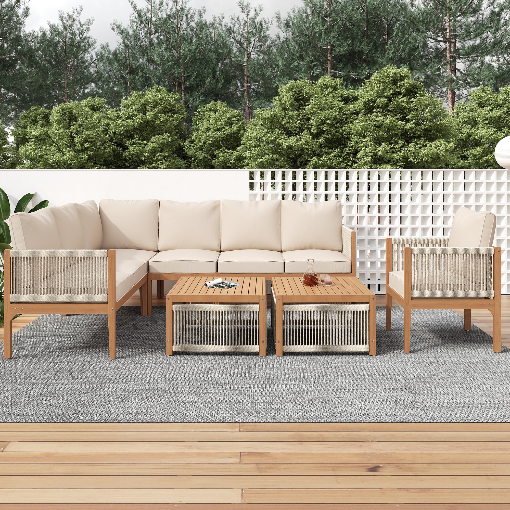 Garden Lounge Set, 7-8 Person Outdoor Sectional Sofa and Table with Washable Cushions, Natural and Beige