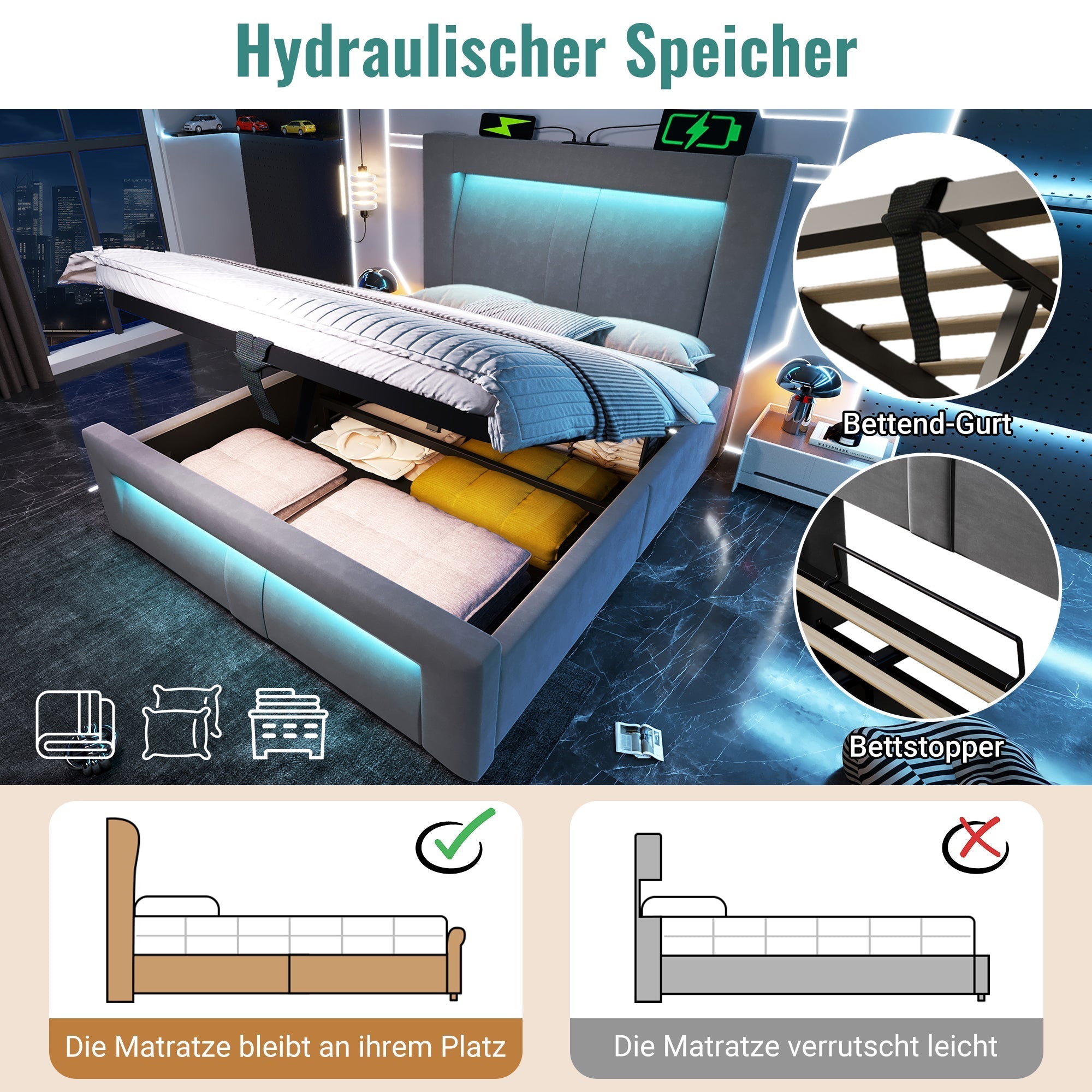 Single Hydraulic Bed 90x200 cm with LED, Storage, Charging Ports and Mattress, Grey Velvet
