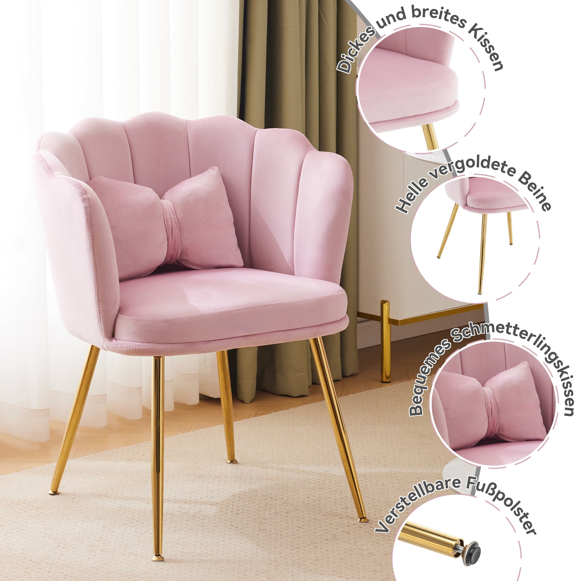 Chairs, Set of 2 Upholstered Petal Back with Gold Legs, Velvet