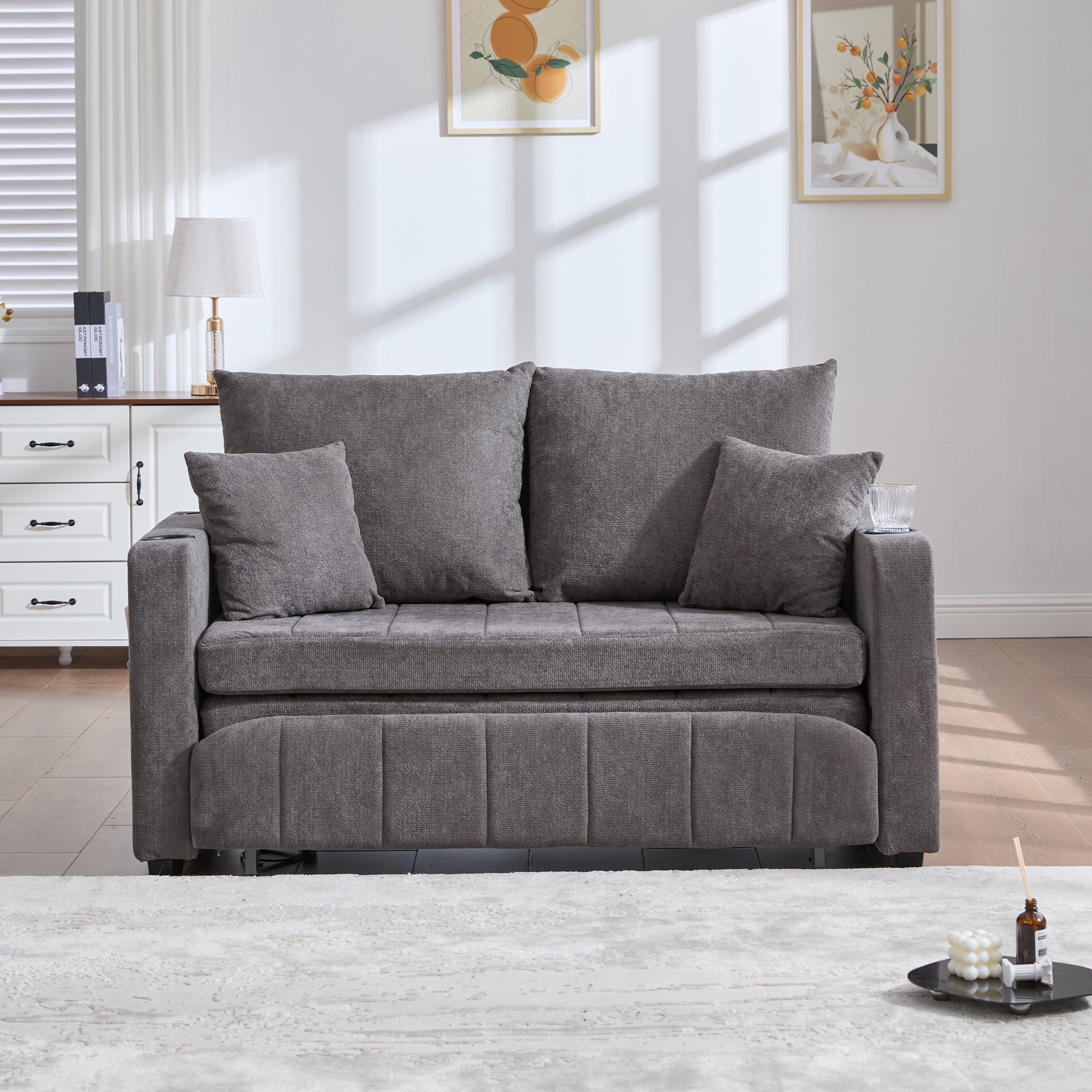 Chair, Multifunctional Folding Pull-Out Sofa with Storage, USB Charging, Cup Holder, Fabric