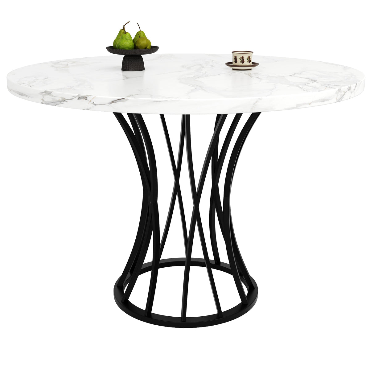Round Dining Table 80x80cm Marbled Top 4-6 Seater - Black Legs