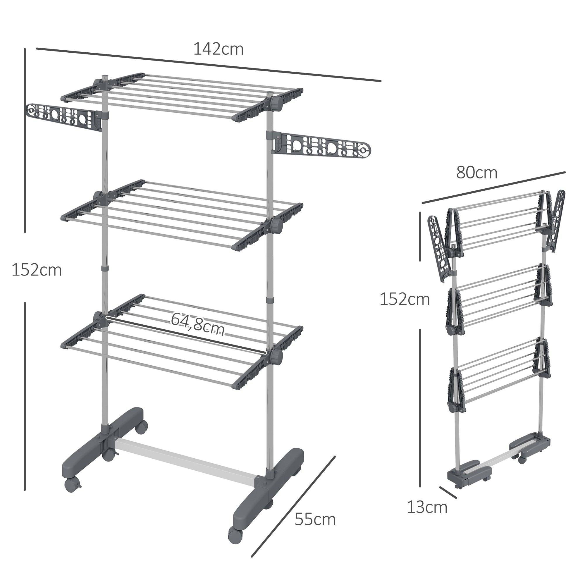 Clothes dryer tower, 3 levels foldable with side wings, steel gray