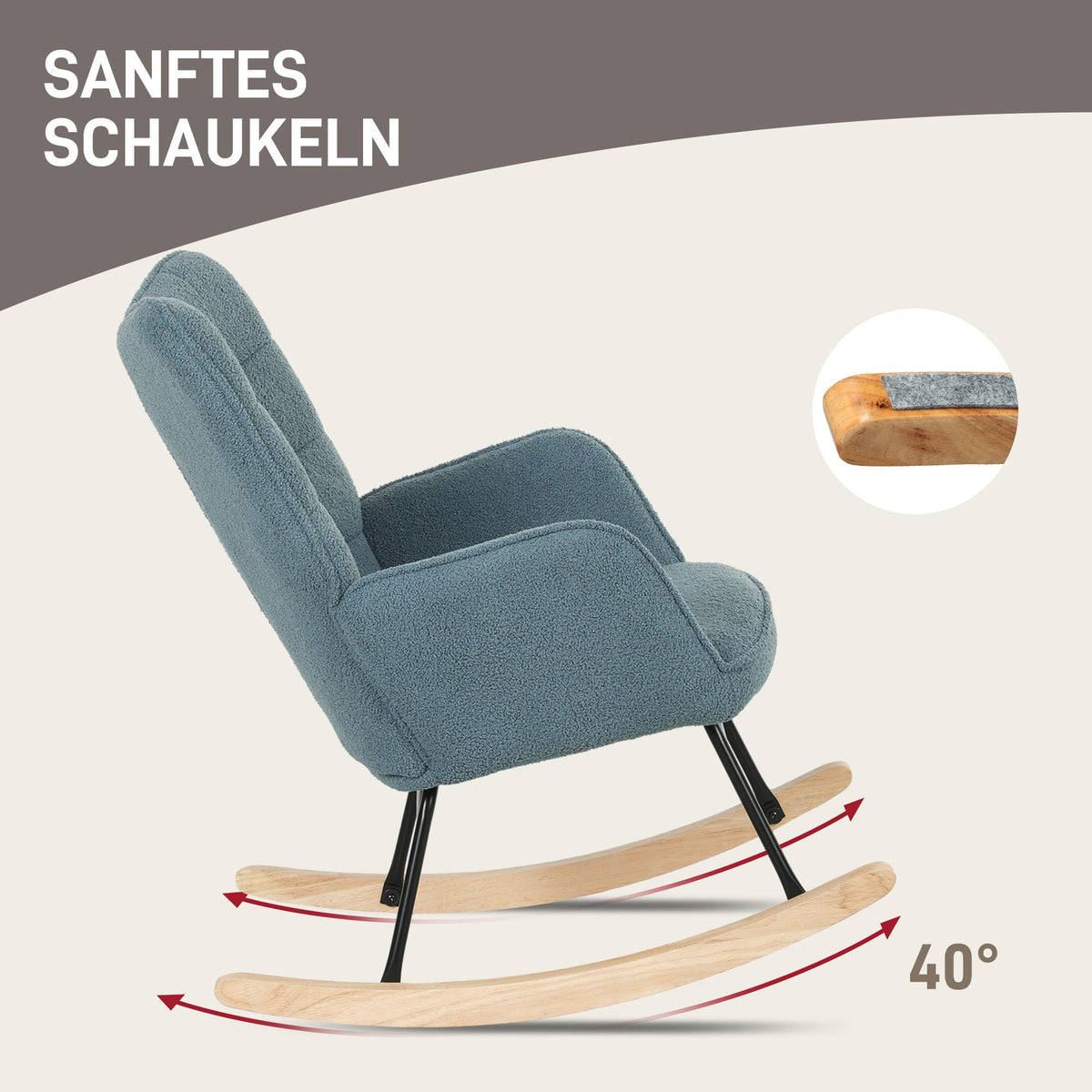 Rocking Chair Upholstered Armrest Wooden Runners 120kg Light Blue Berber Fleece