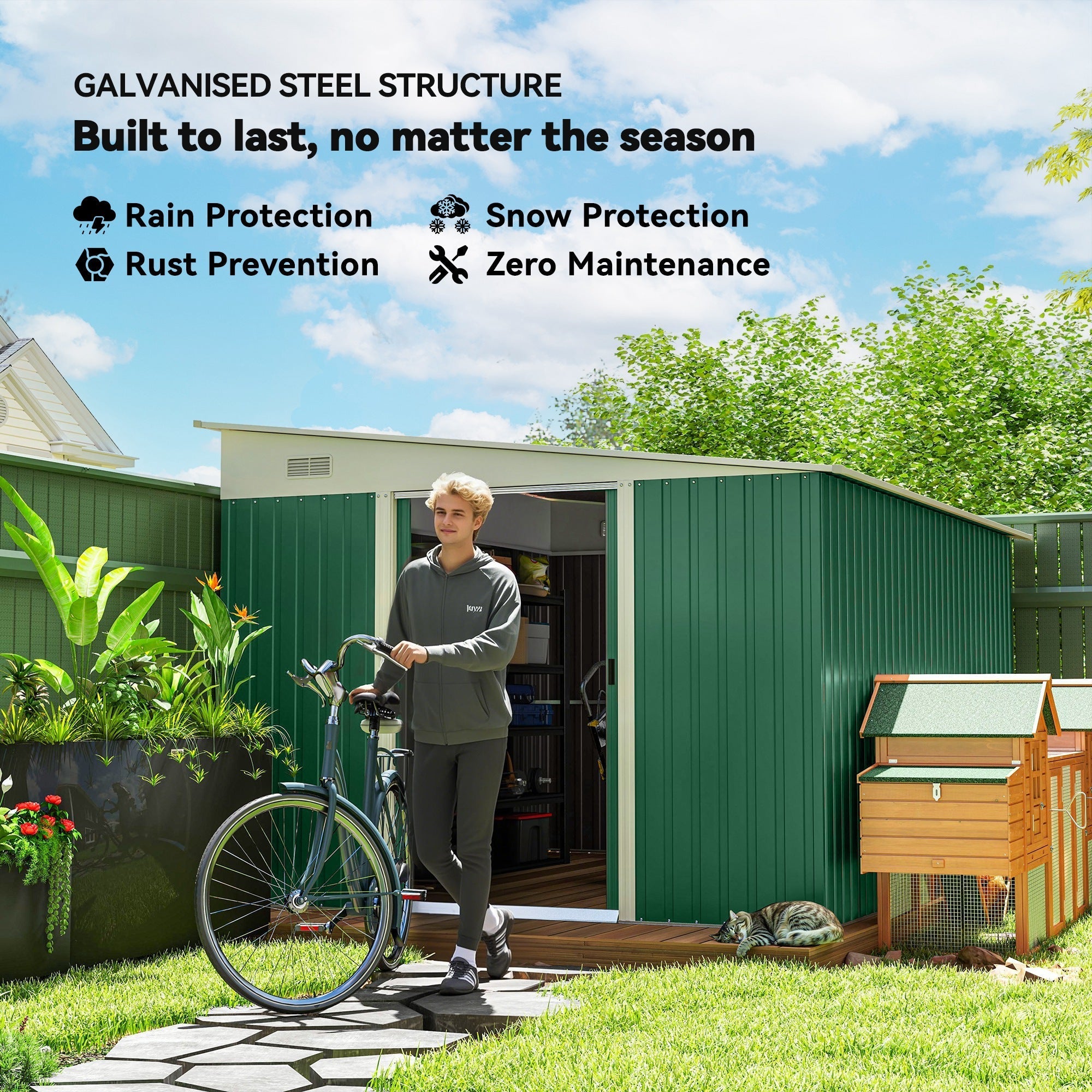 Garden Metal Storage Shed Double Sliding Doors 2 Air Vents 11.3x9.2ft Green