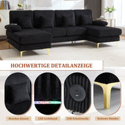 Modern U-shaped Sofa, LED Ambient Lighting, USB-C Port, Ergonomic Backrest, Black