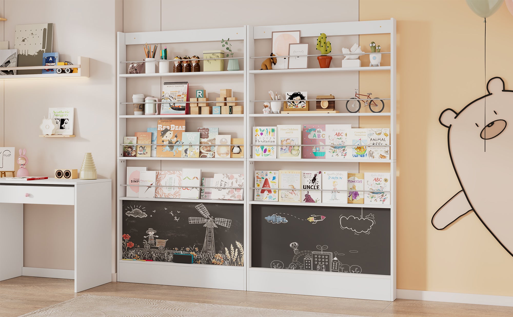 Picture Book Shelf, 2-Piece Set, 4-Tier Storage with Paintable Blackboard