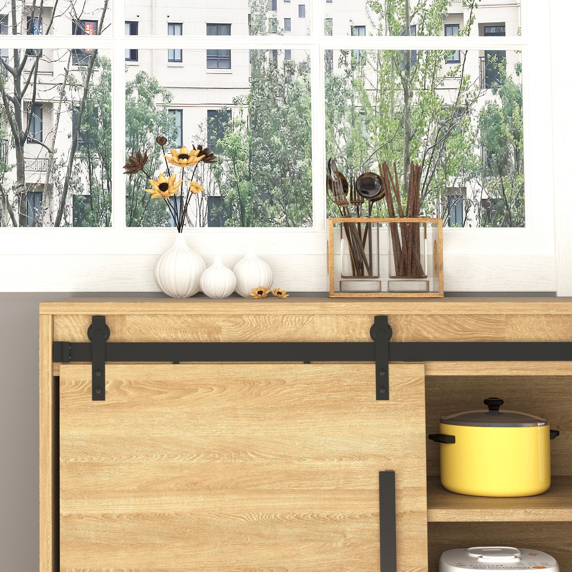 Sliding Door Hardware Single Track 200cm with Accessories, Carbon Steel Black