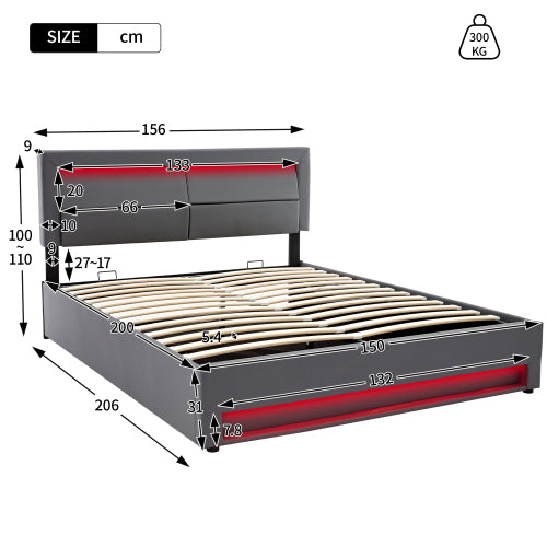 Upholstered Bed, 150x200cm King Size, with USB Ports, LED Lighting, Storage, Grey PU
