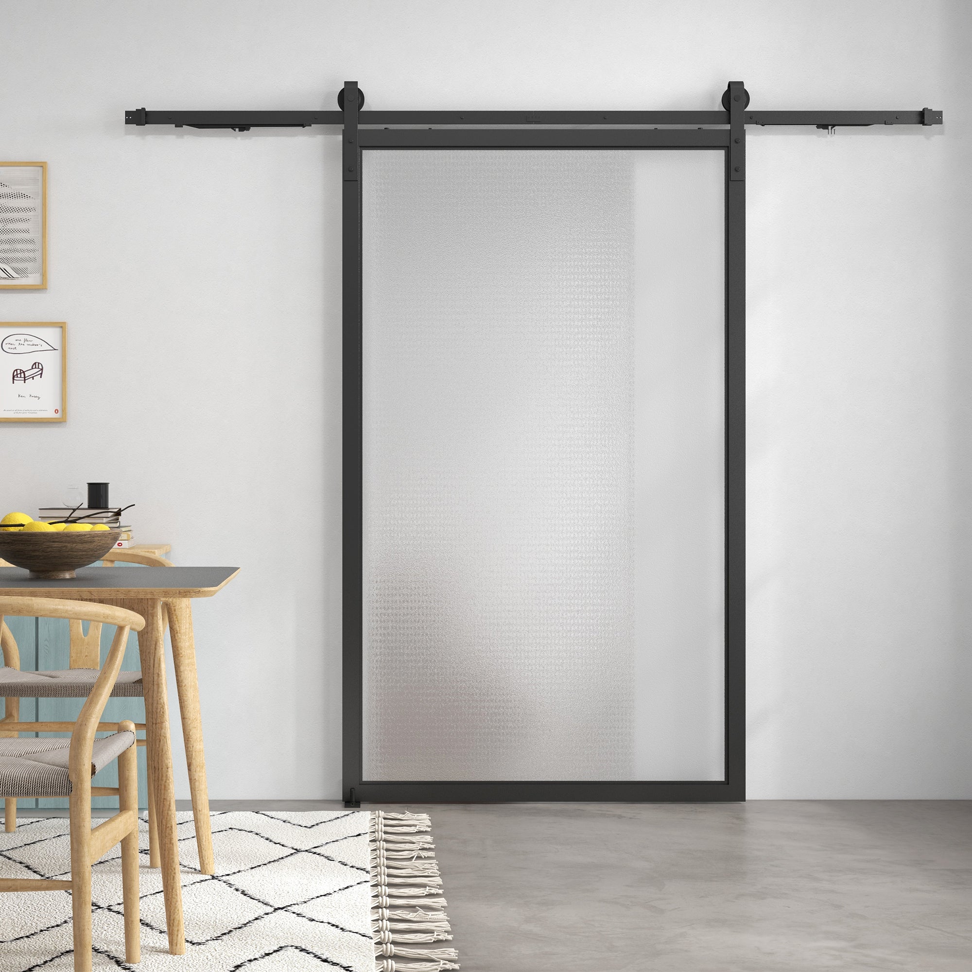 Sliding Door Hardware Set 244cm Rails Rollers Anti-Jump Devices Carbon Steel Black