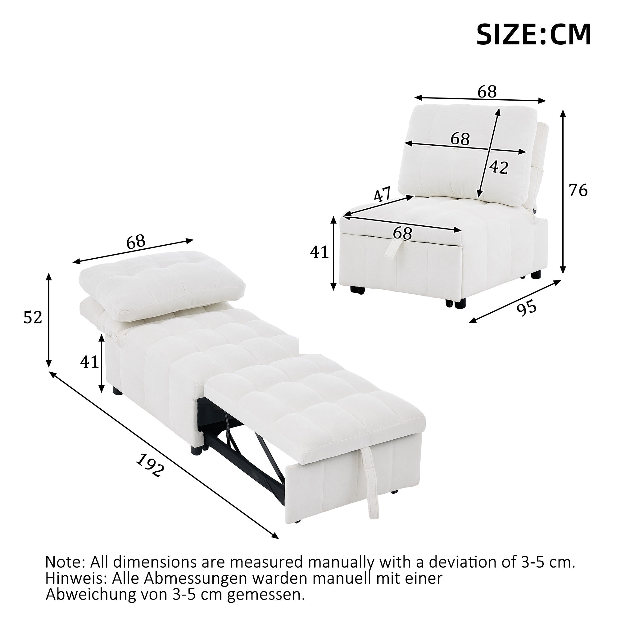 Sleeper Sofa with Adjustable Backrest and Foldable Pull-Out Design, White