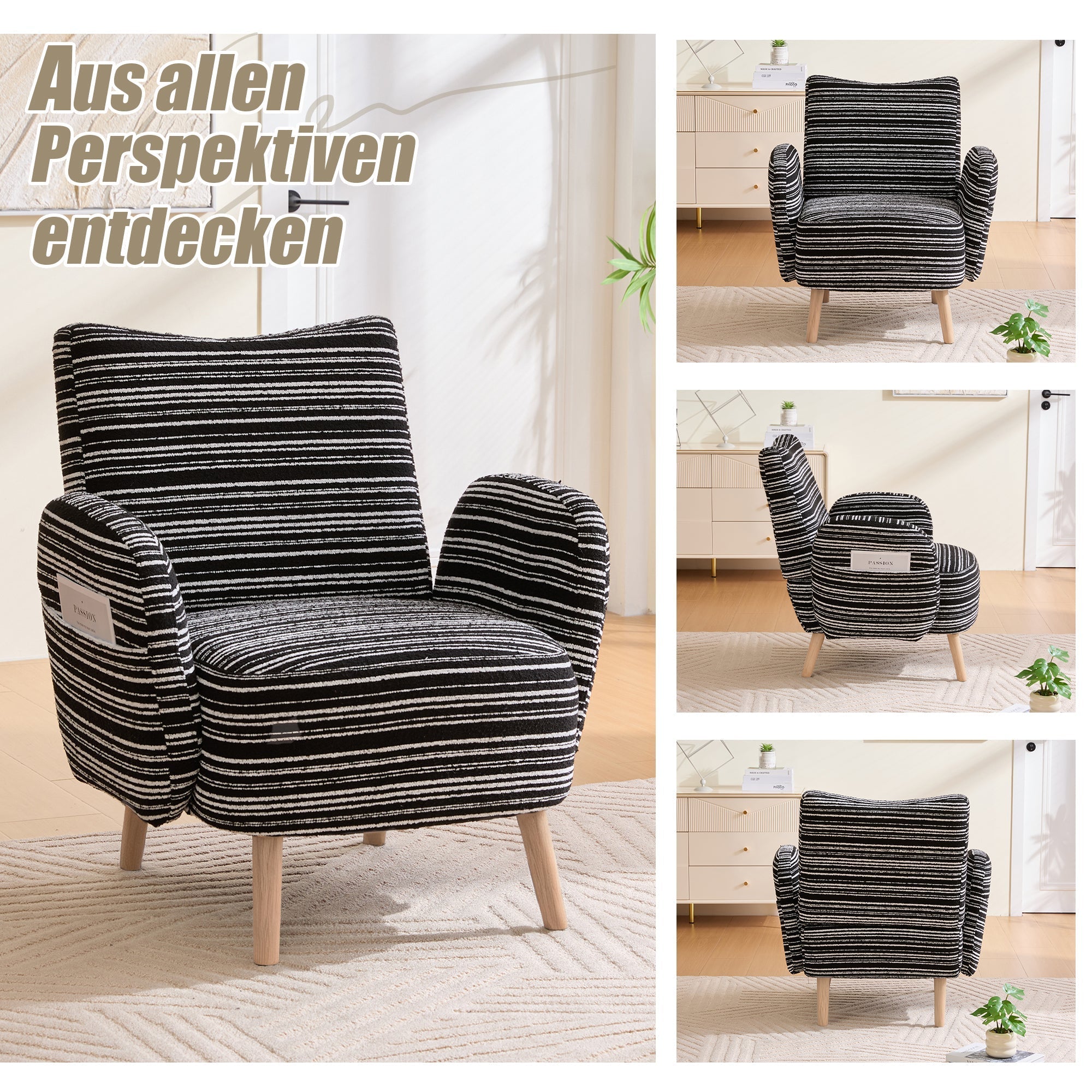 Modern Armchair with Side Pocket and Solid Wood Legs, Circular Pattern Fabric
