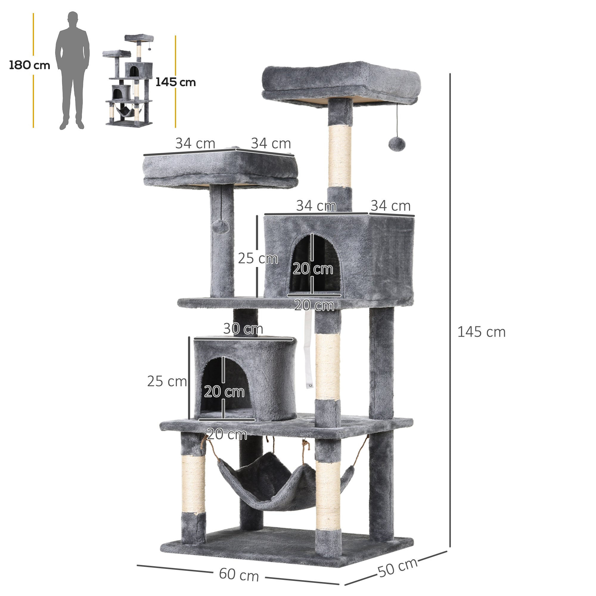 Cat Tree Climbing Post, Cat Cave Sisal, 60x50x145cm