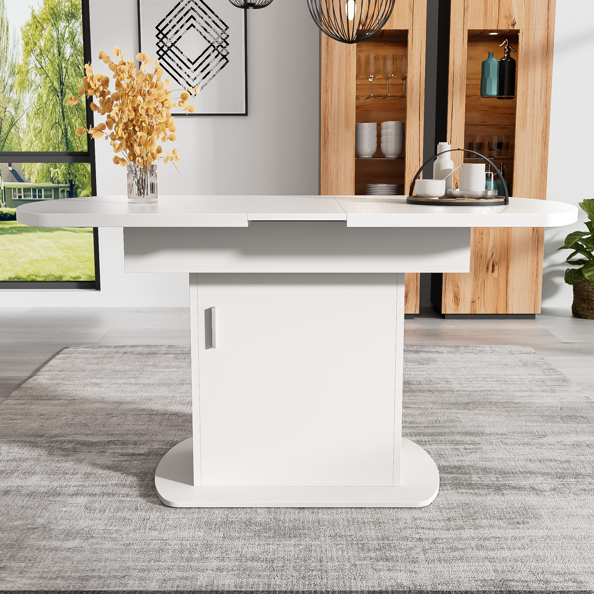 Extendable Oval Dining Table, 110/130cm x 70cm, Storage Function, White/Silver MDF