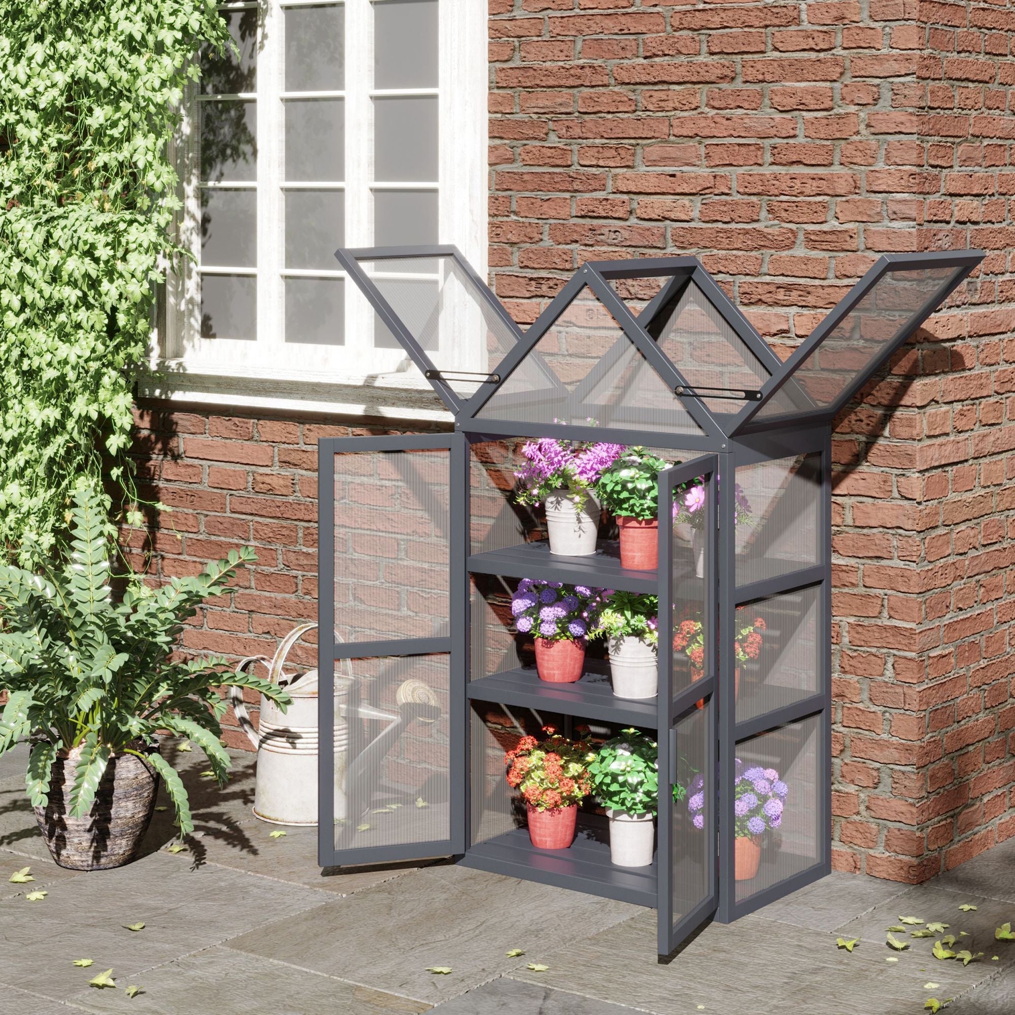 Cold Frame Greenhouse 3 Level Hinged Roof Wood Natural
