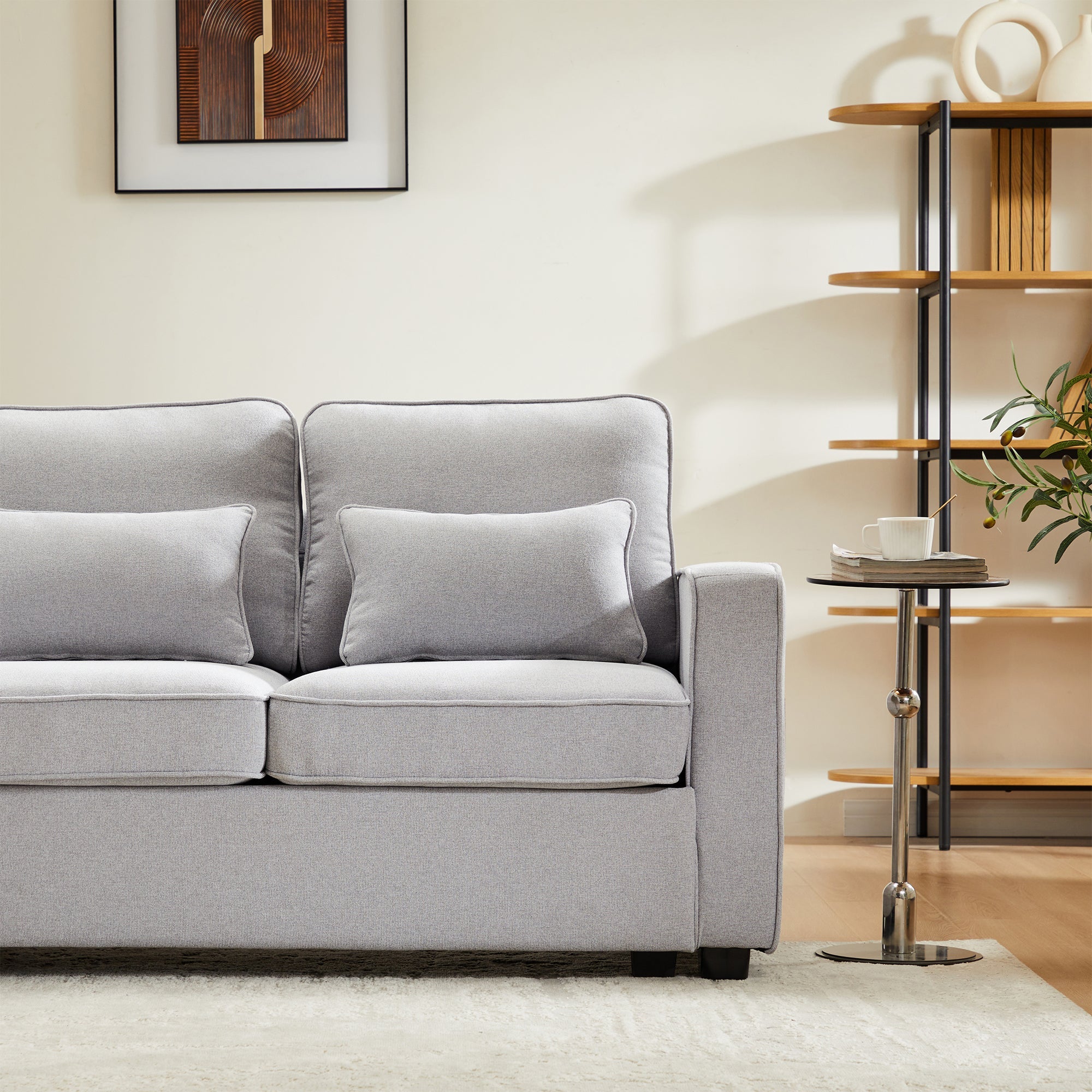 Sofa, 4-Seater with Armrest Pockets & 4 Pillows, Linen Fabric
