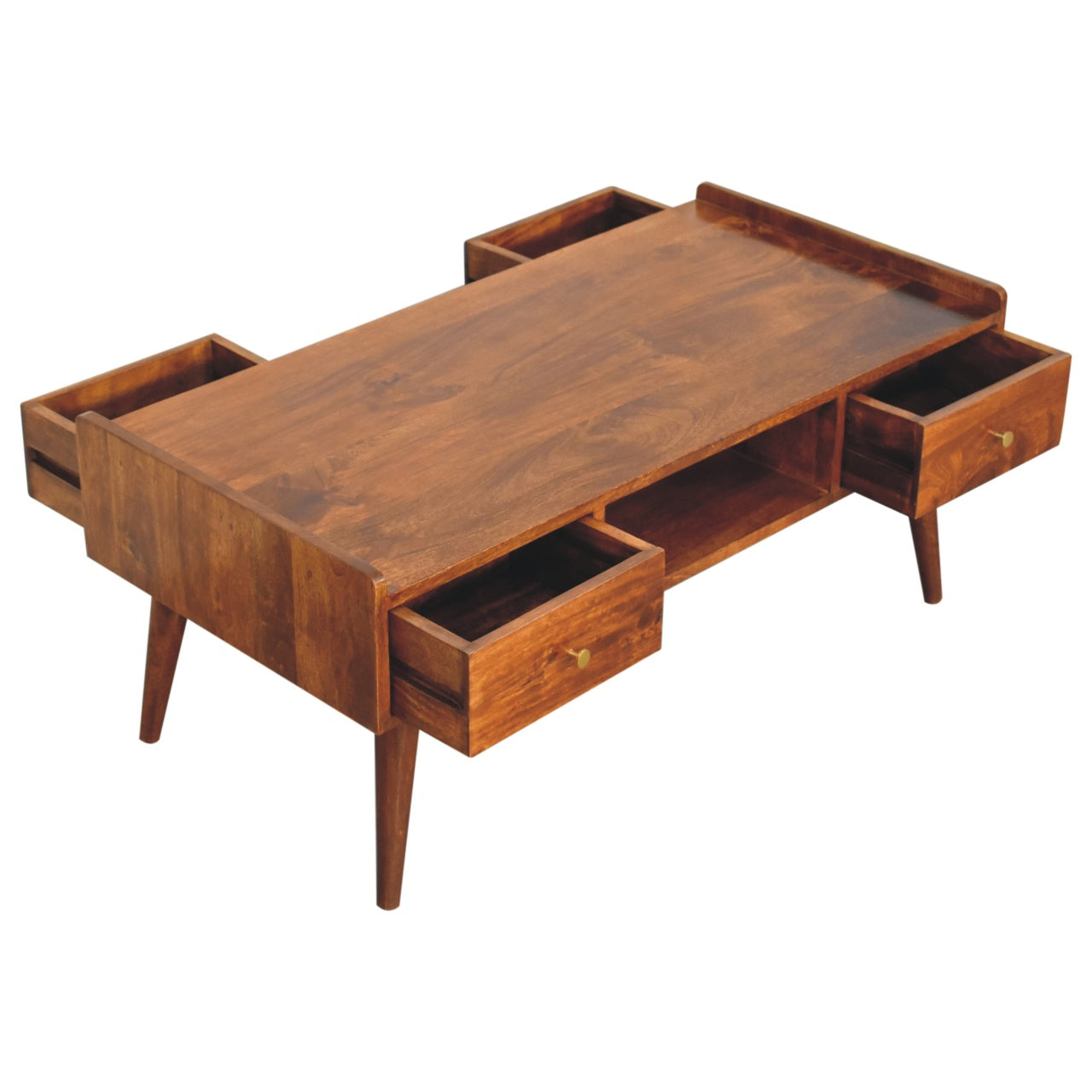 Media Unit, Elevated with 4 Drawers and Open Slot, Solid Wood Dark Brown