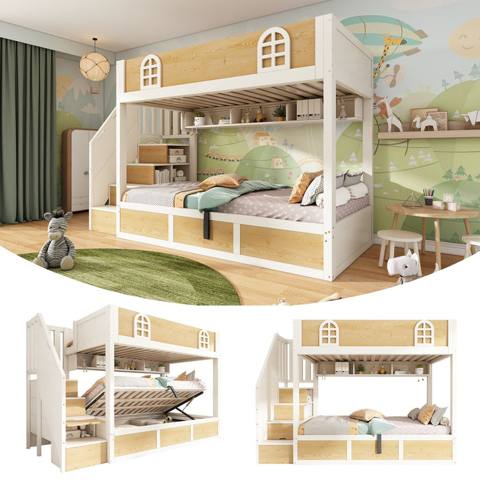 Children's Bunk Bed 90x200cm Staircase Wardrobe Storage White and Natural