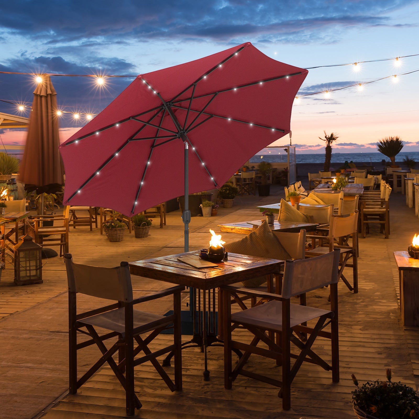 2.7m Garden Parasol Umbrella, Tilt Crank & 24 LED Lights, Red